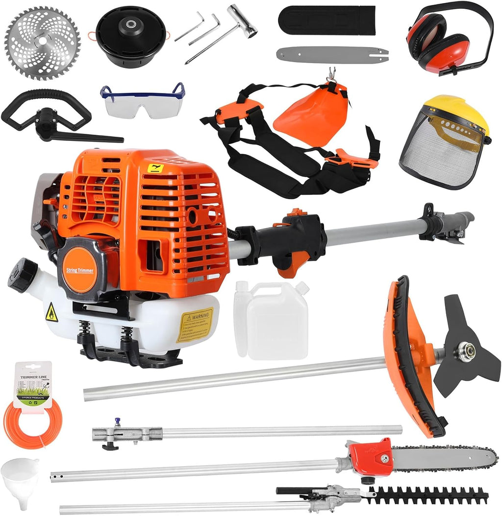 5 in 1 Lawn Mower,52CC 2-Stroke Gas Weed Trimmer,Cordless Hedge Trimmer,Brush Cutter,Handheld Chainsaw Weed Wacker with 1.2l Fuel Tank,2.3KW/8000-9500RPM Orange