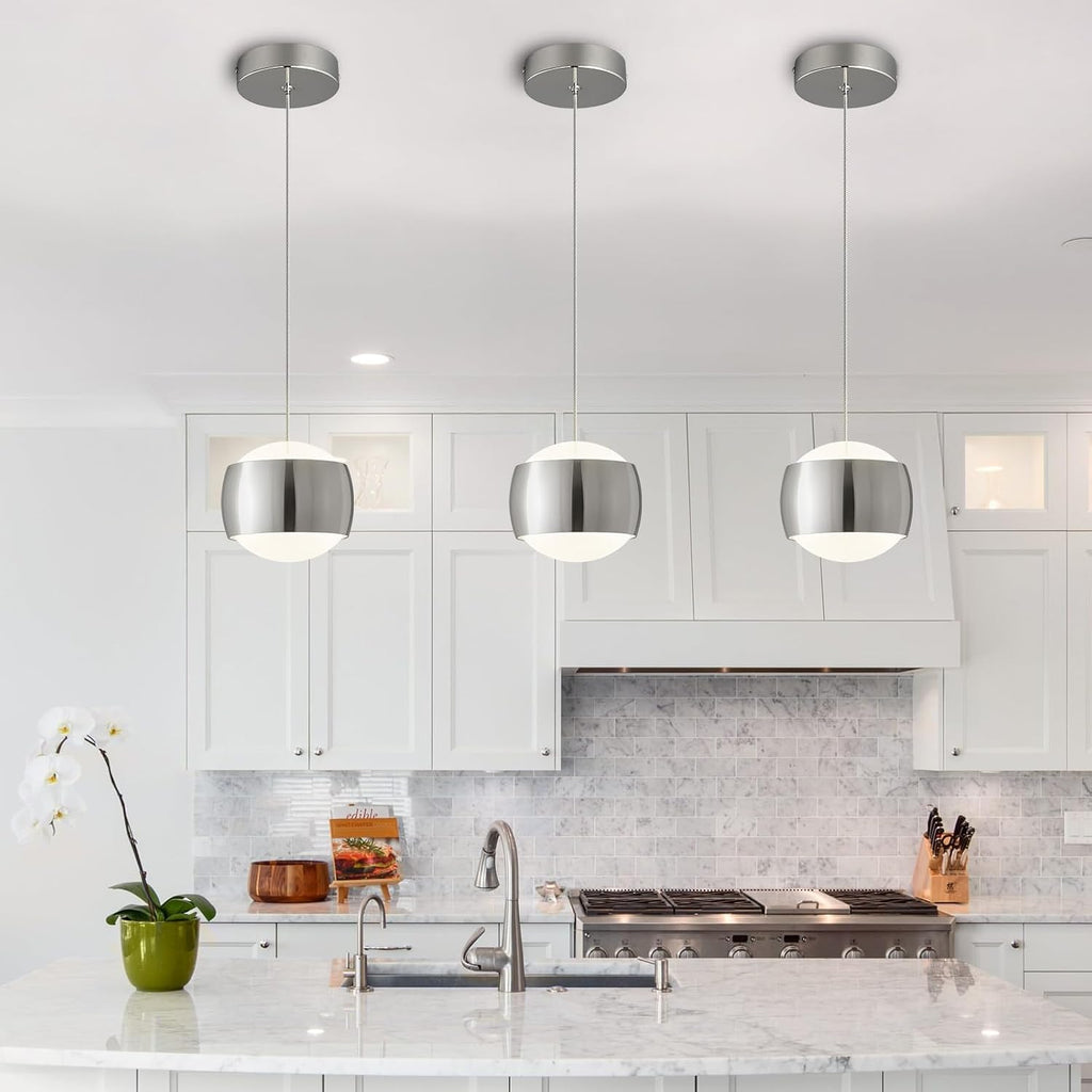 Modern Chrome LED Dimmable Pendant Light fixtures,6″ Island Pendant Lighting for Kitchen Island Dinning Room,Bedroom,Bar, Kitchen Island Ceiling Hanging Light Fixtures(Chrome-1-Pack)