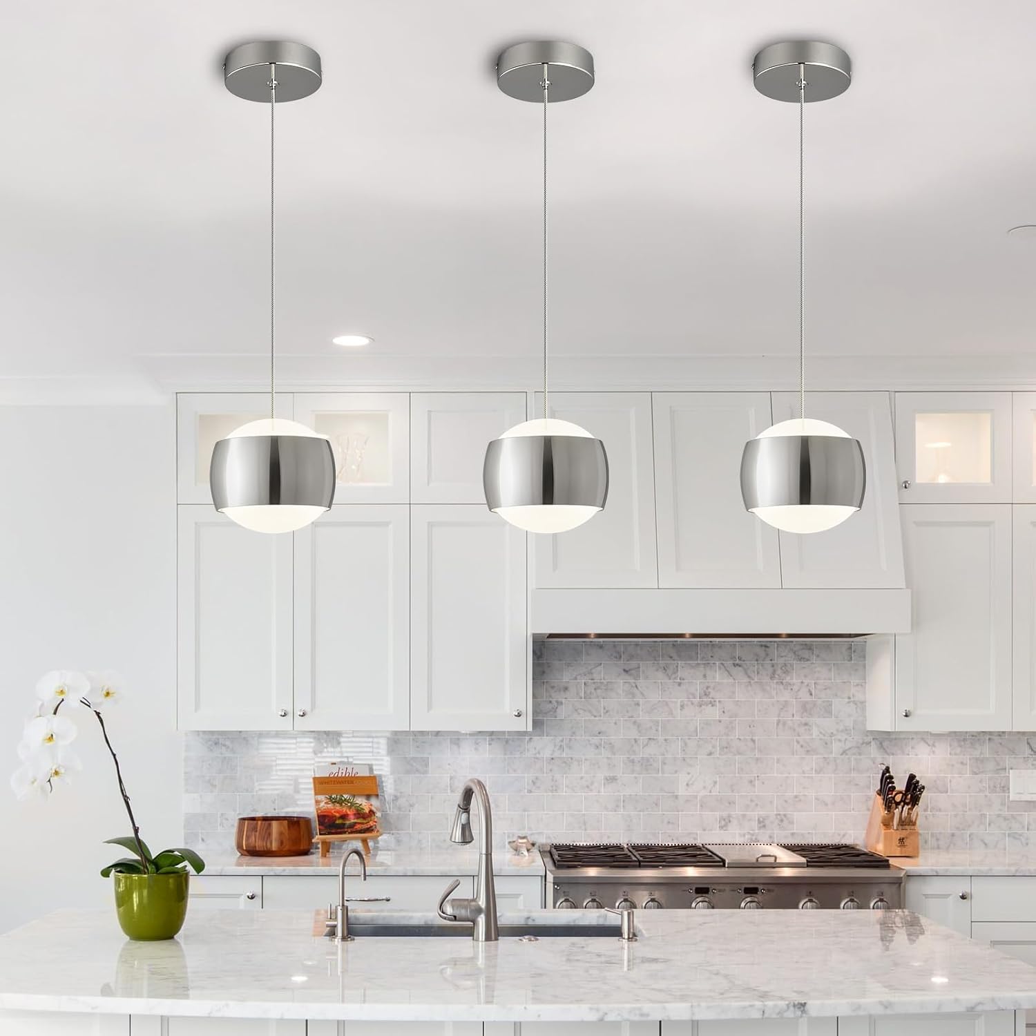 Modern Chrome LED Dimmable Pendant Light fixtures,6″ Island Pendant Lighting for Kitchen Island Dinning Room,Bedroom,Bar, Kitchen Island Ceiling Hanging Light Fixtures(Chrome-1-Pack)