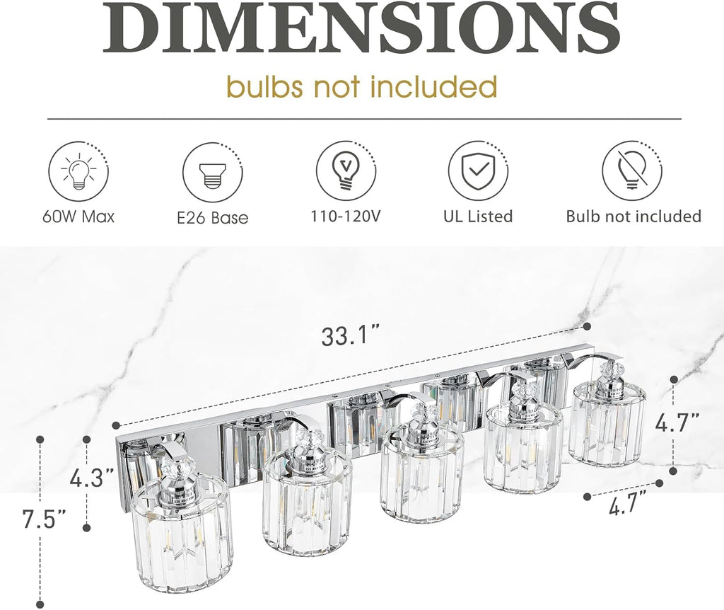 5-Light Modern Bathroom Light Fixture Chrome Vanity Lights Over Mirror Wall Sconce Lighting with K9 Crystal Shades Bathroom Wall Lamp E26 Base for Bedroom, Living Room, Hallway