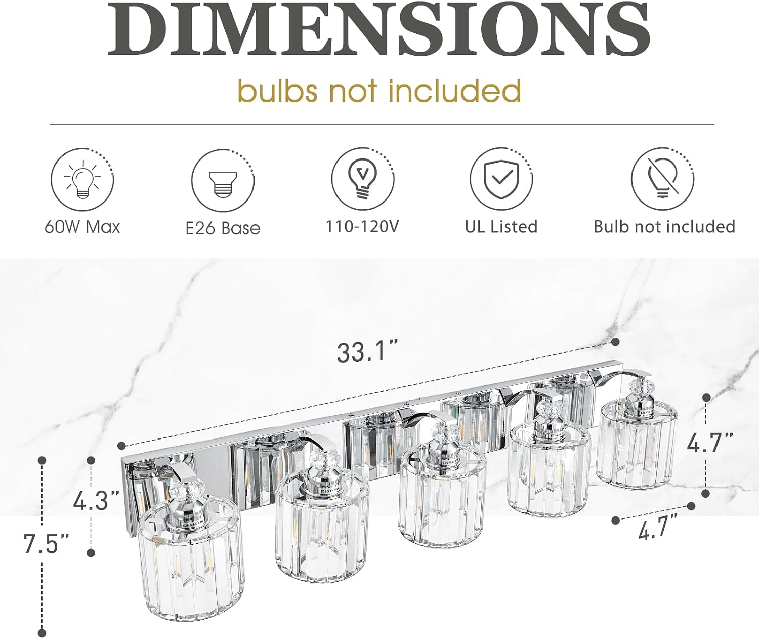 5-Light Modern Bathroom Light Fixture Chrome Vanity Lights Over Mirror Wall Sconce Lighting with K9 Crystal Shades Bathroom Wall Lamp E26 Base for Bedroom, Living Room, Hallway