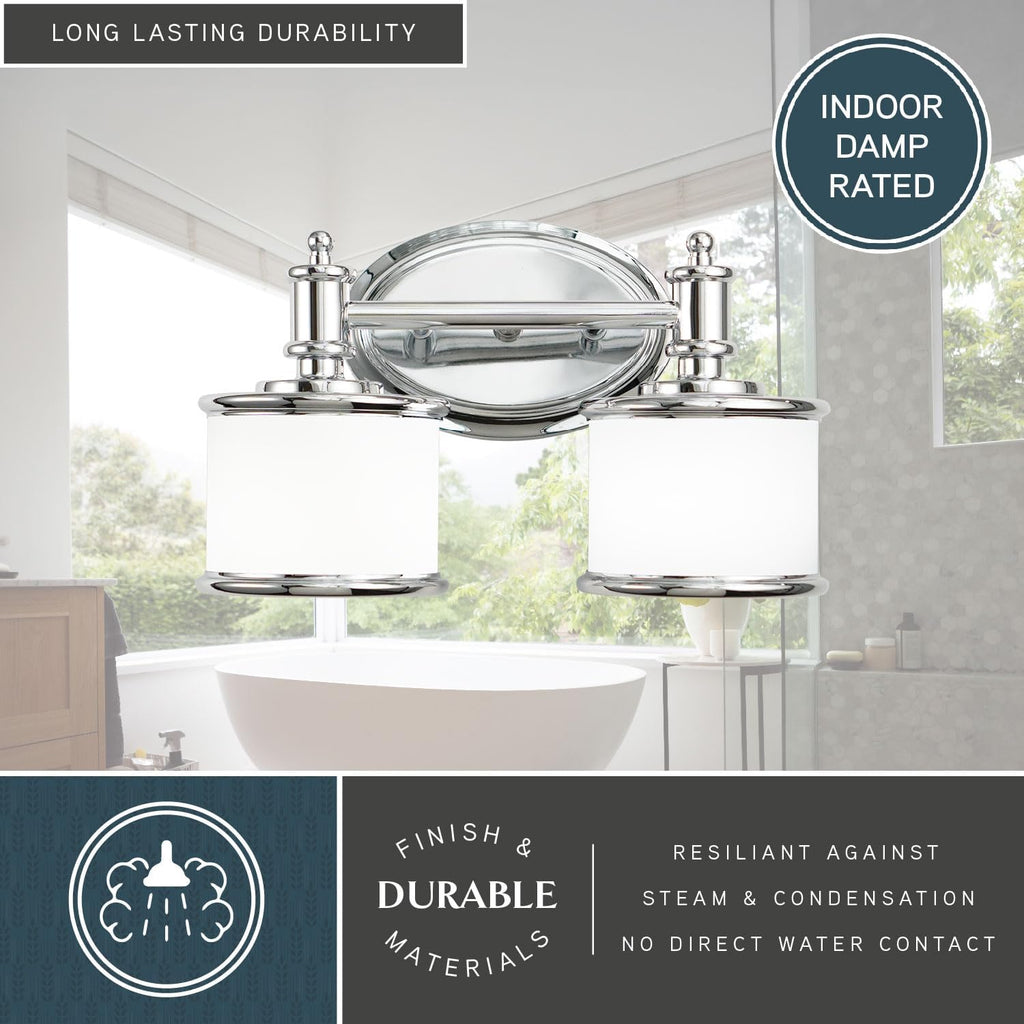 VAXCEL Carlisle 2-Light 13.75 inch Wide Chrome Transitional Bathroom Vanity Lighting Fixture, White Frosted Opal Glass Shade, Dimmable, LED Compatible, Reversible Over The Mirror Mounted Wall Sconce