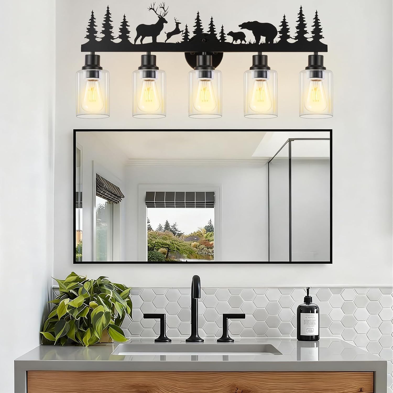 Rustic Bathroom Light Fixtures, 5-Light Farmhouse Vanity Lamp with Deer and Bear Design, Black Wall Lighting with Clear Glass Shade for Bathroom, Hallway, Kitchen, Porch