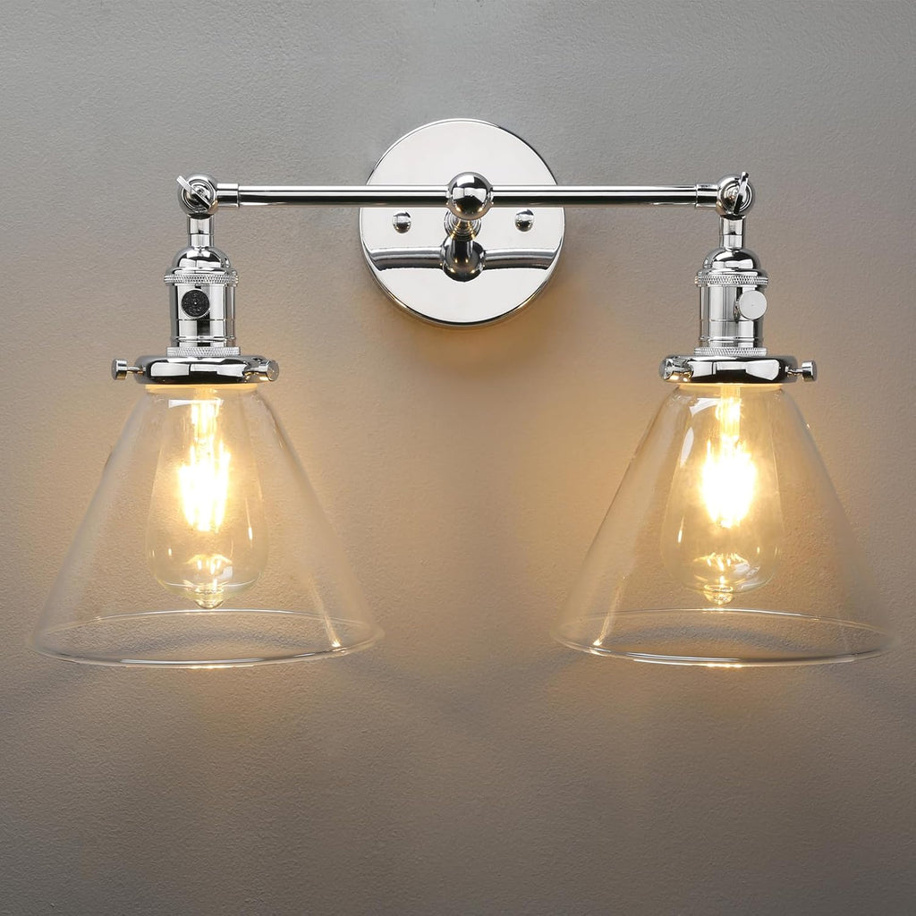 PERMO Double Sconce Chrome Industrial 2-Lights Wall Sconces with Funnel Flared Glass Clear Glass Shade Vanity Light for Bedroom (Chrome)