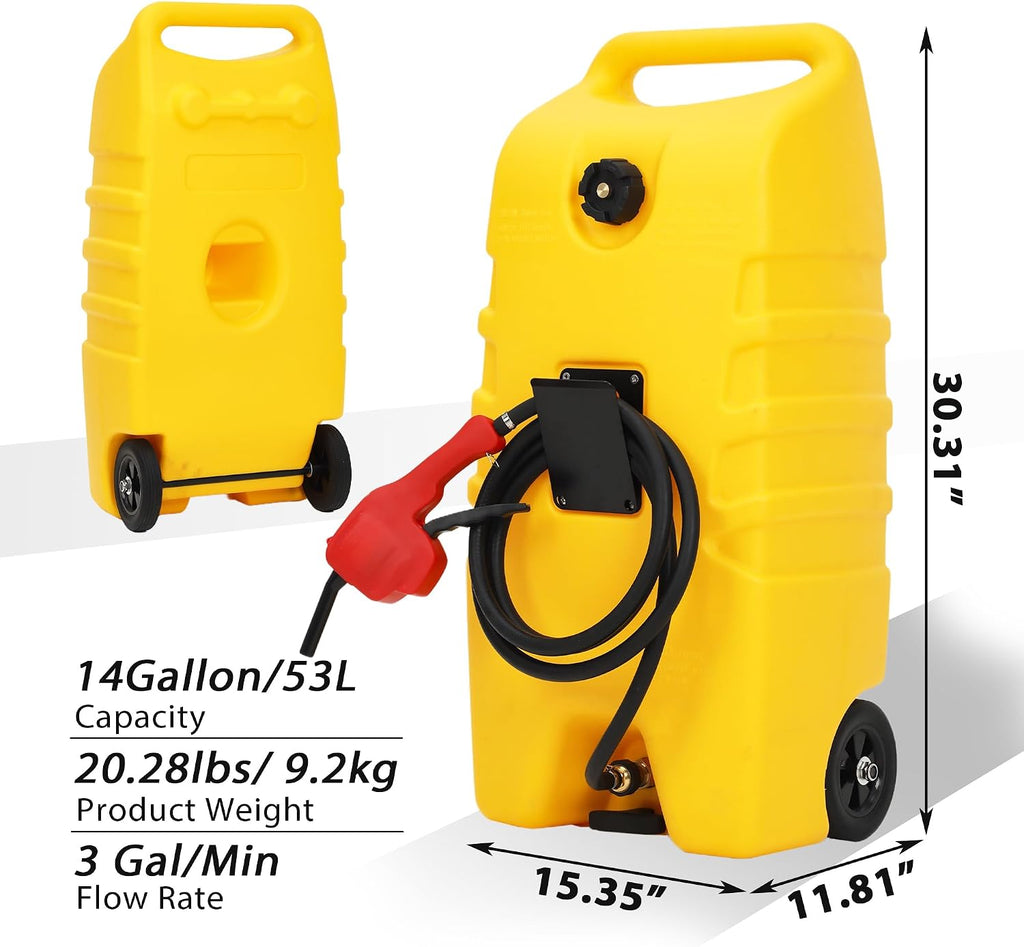14 Gallon Fuel Tank, Portable Diesel Transfer Gas Can, Manual Transfer Nozzle, Fuel Container, Heavy-Duty Fuel Caddy for Car, ATV, Weeder, Boat, Etc., Yellow
