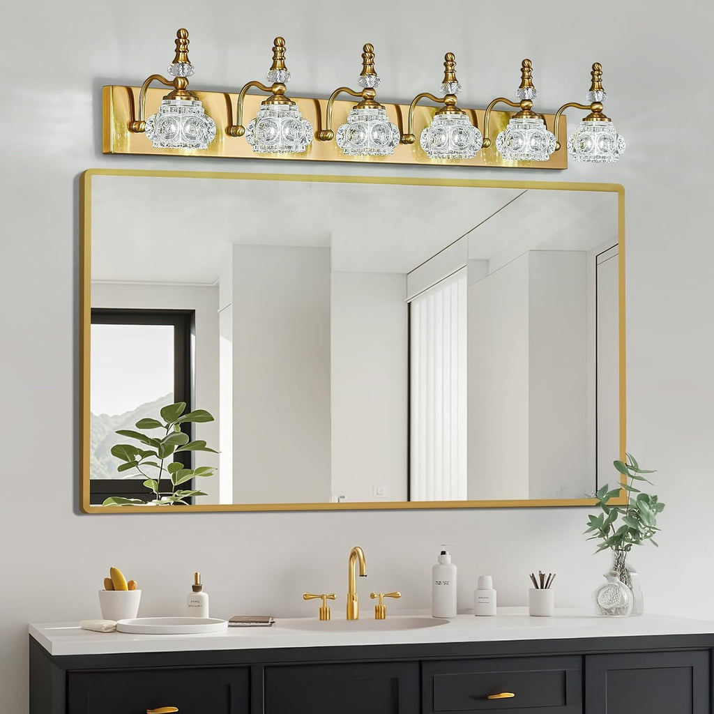 Modern Glass Crystal Vanity Light - Vintage Bathroom Lighting Fixtures Over Mirror 6 Light Vanity Lights G9 Bulb (43.3 Inch, Gold)