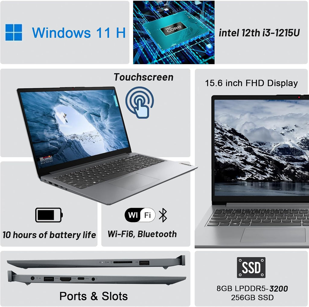 Lenovo Ideapad 1i 15.6' Touch Laptop, Intel Core i3-1215U, 15.6'' FHD Touchscreen Display, 8GB RAM, 256GB SSD, Intel UHD Graphics,Wi-Fi, HDMI, Windows 11 Home, Cloud Gray (Renewed)