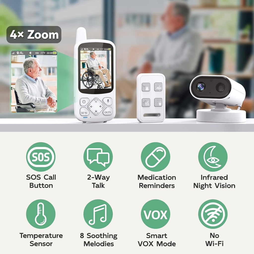 Elderly Monitor with Camera and Audio, 2-Way Talk Room Monitors for Elderly, Call Button, Med Reminder, Temp Monitoring, Night Vision, Pan-Tilt-Zoom Video Monitor for Elderly Care & Caregivers/No WiFi