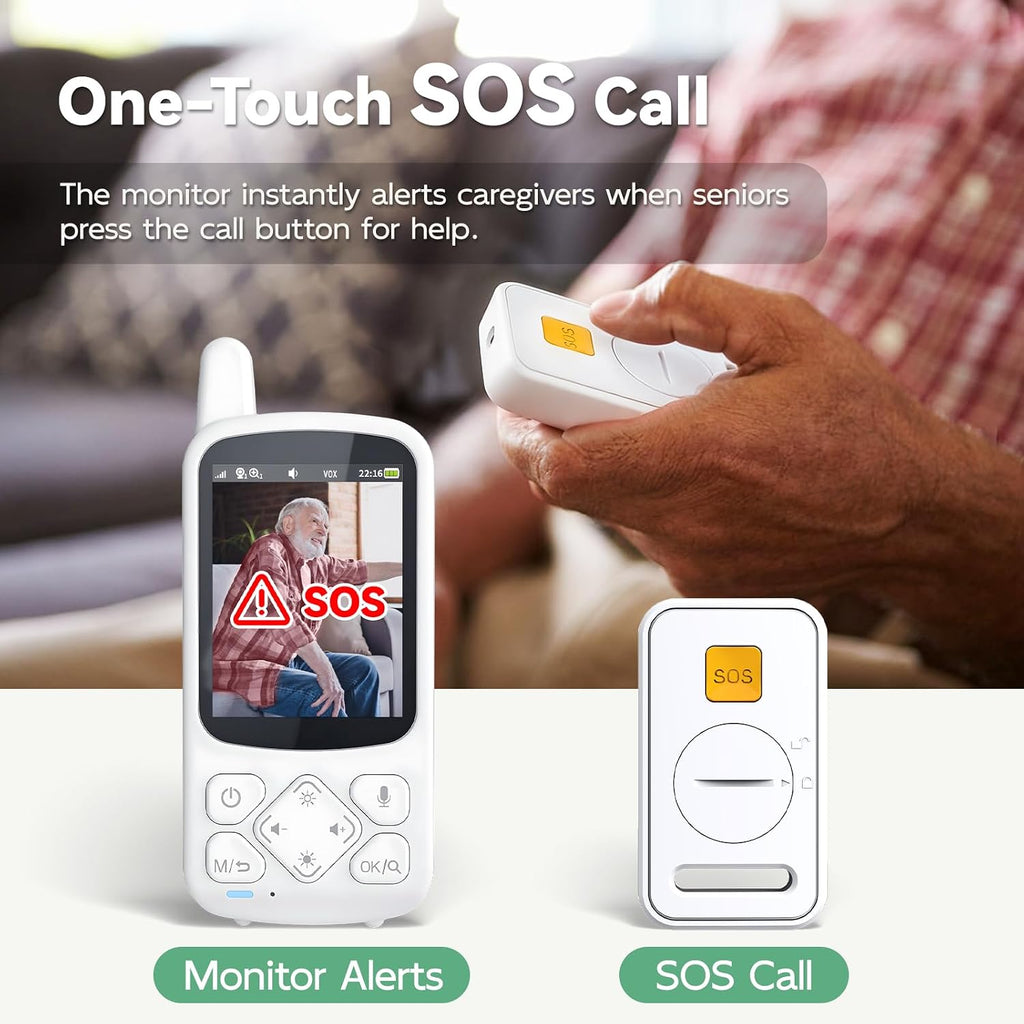 Elderly Monitor with Camera and Audio, 2-Way Talk Room Monitors for Elderly, Call Button, Med Reminder, Temp Monitoring, Night Vision, Pan-Tilt-Zoom Video Monitor for Elderly Care & Caregivers/No WiFi