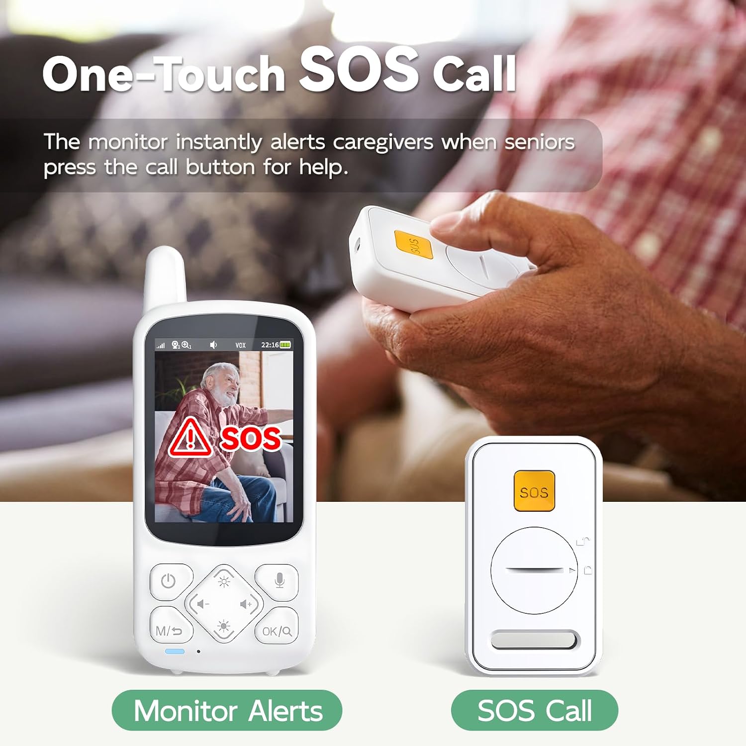 Elderly Monitor with Camera and Audio, 2-Way Talk Room Monitors for Elderly, Call Button, Med Reminder, Temp Monitoring, Night Vision, Pan-Tilt-Zoom Video Monitor for Elderly Care & Caregivers/No WiFi