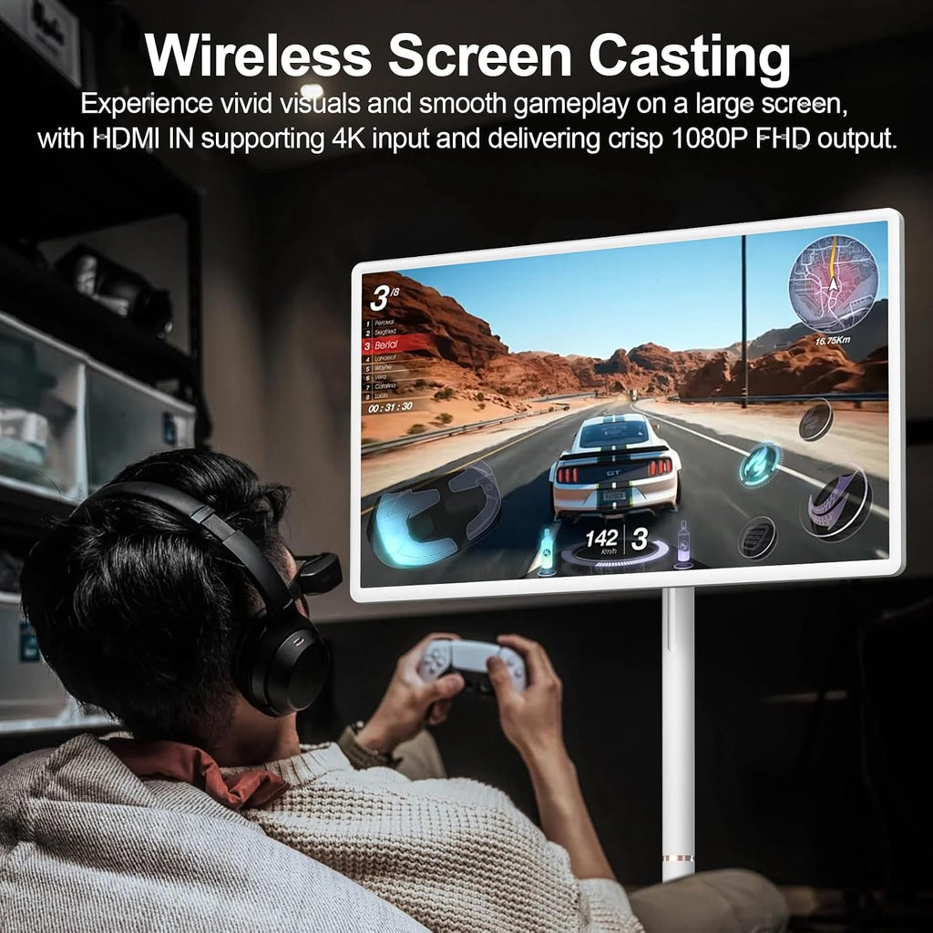 32' FHD Smart Portable TV, Rolling TV on Wheels, Android 15 OS, 6G +128GB Storage, Portable Touch Screen Monitor, 8MP Camera, Built-in Battery, Full Swivel Rotation, Voice Remote