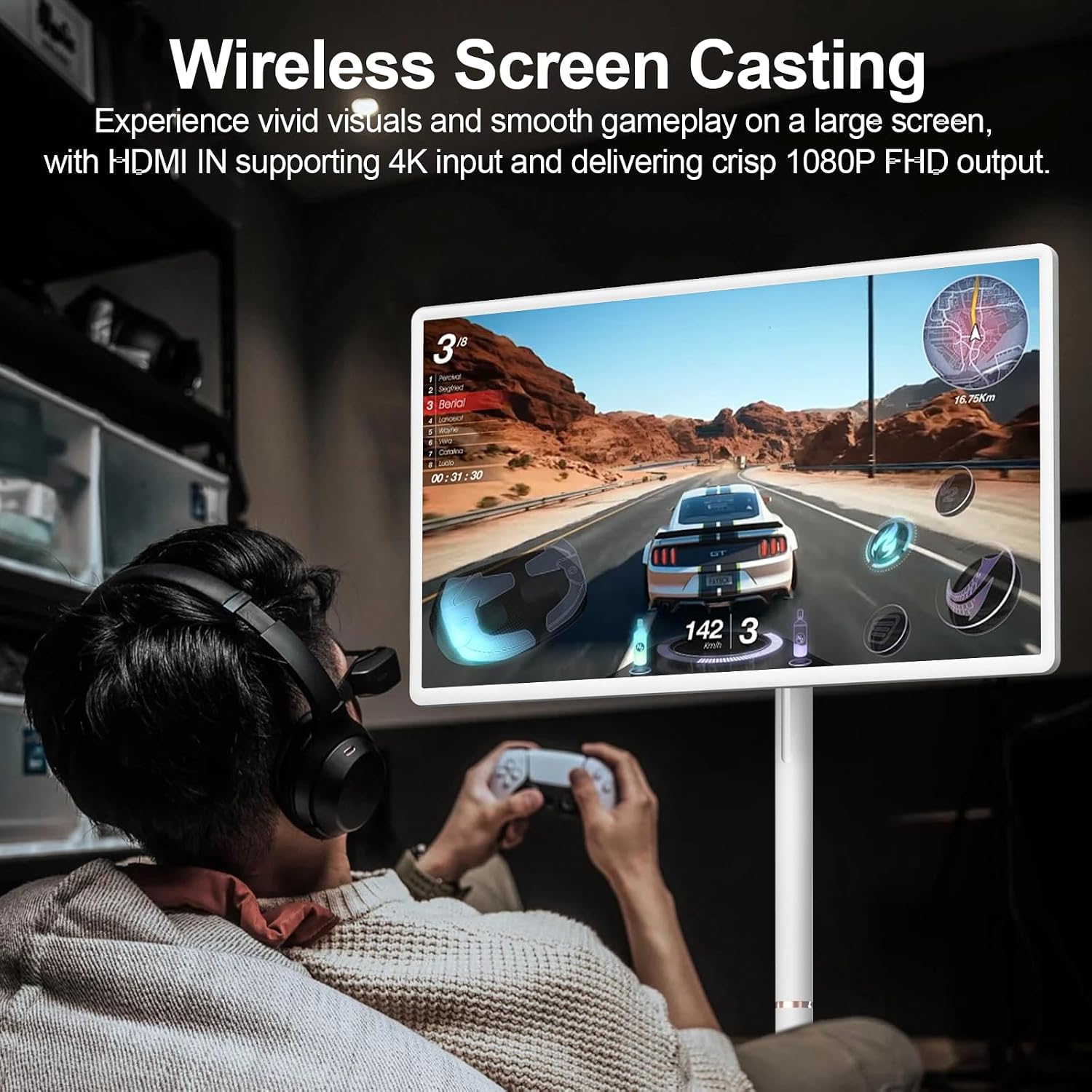 32' FHD Smart Portable TV, Rolling TV on Wheels, Android 15 OS, 6G +128GB Storage, Portable Touch Screen Monitor, 8MP Camera, Built-in Battery, Full Swivel Rotation, Voice Remote