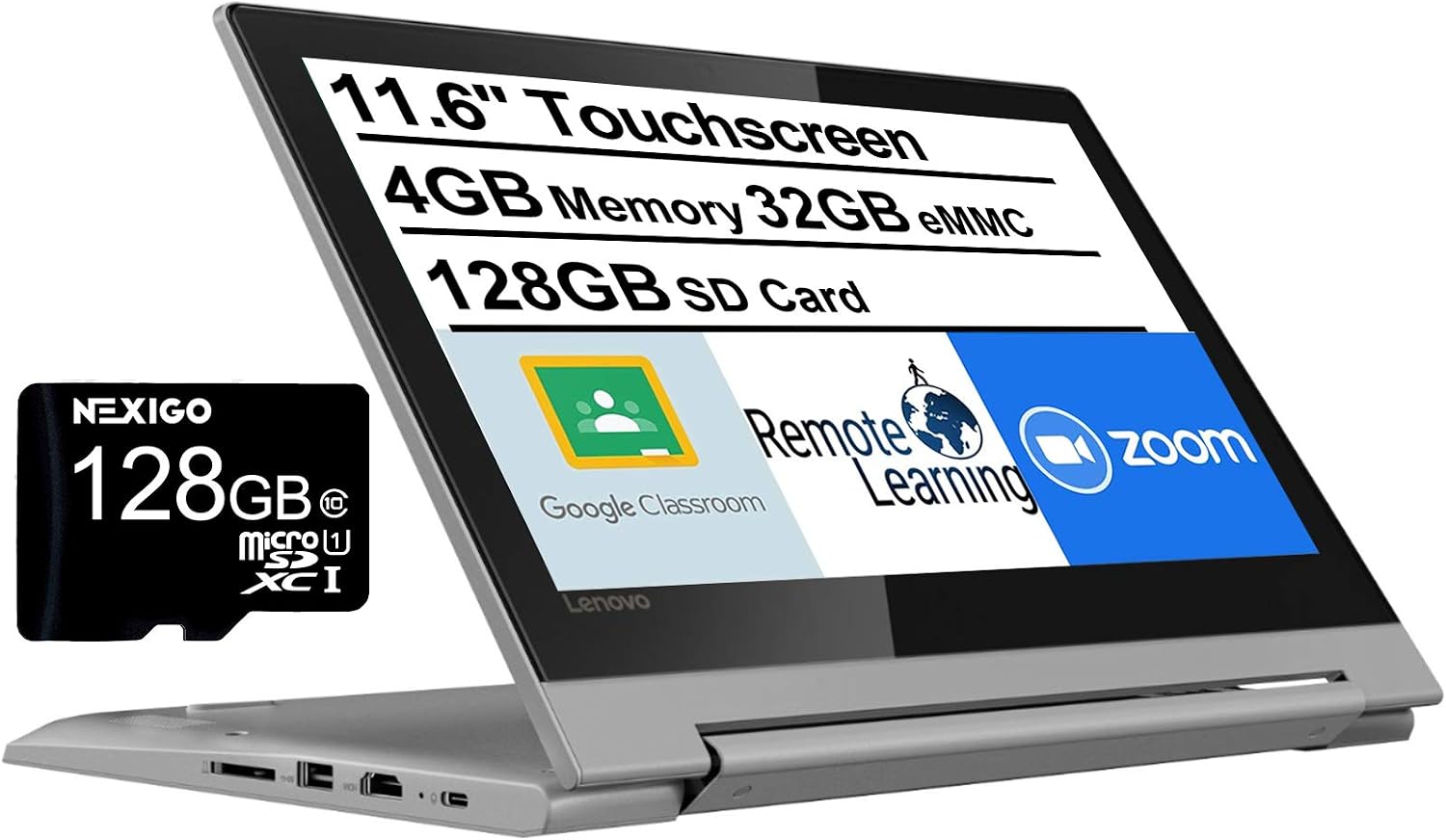 2022 Lenovo Chromebook Flex 3, 2-in-1 11.6' HD Touchscreen for Business and Student Laptop, MediaTek MT8173C CPU, 4GB LPDDR3, 32GB eMMC, PowerVR Graphics, Webcam, Chrome OS, Grey, 128GB USB Card