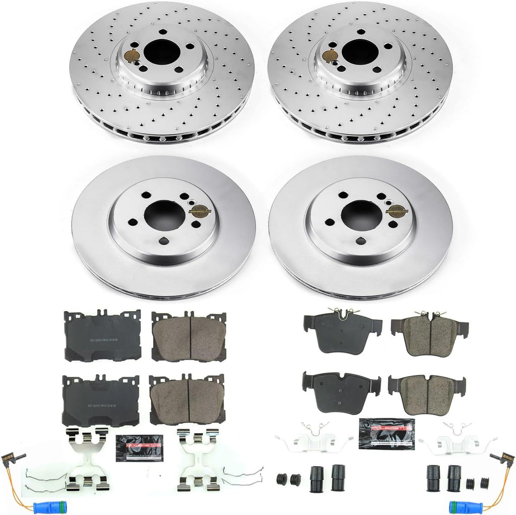 PowerStop Front and Rear Brake Kit for Mercedes-Benz C43 AMG 2017-23 |C450 AMG 2016 |GLC300 2016-22 - Fully-Coated Disc Rotors with Z23 Carbon-Fiber Ceramic Brake Pads Upgrade, CRK7988