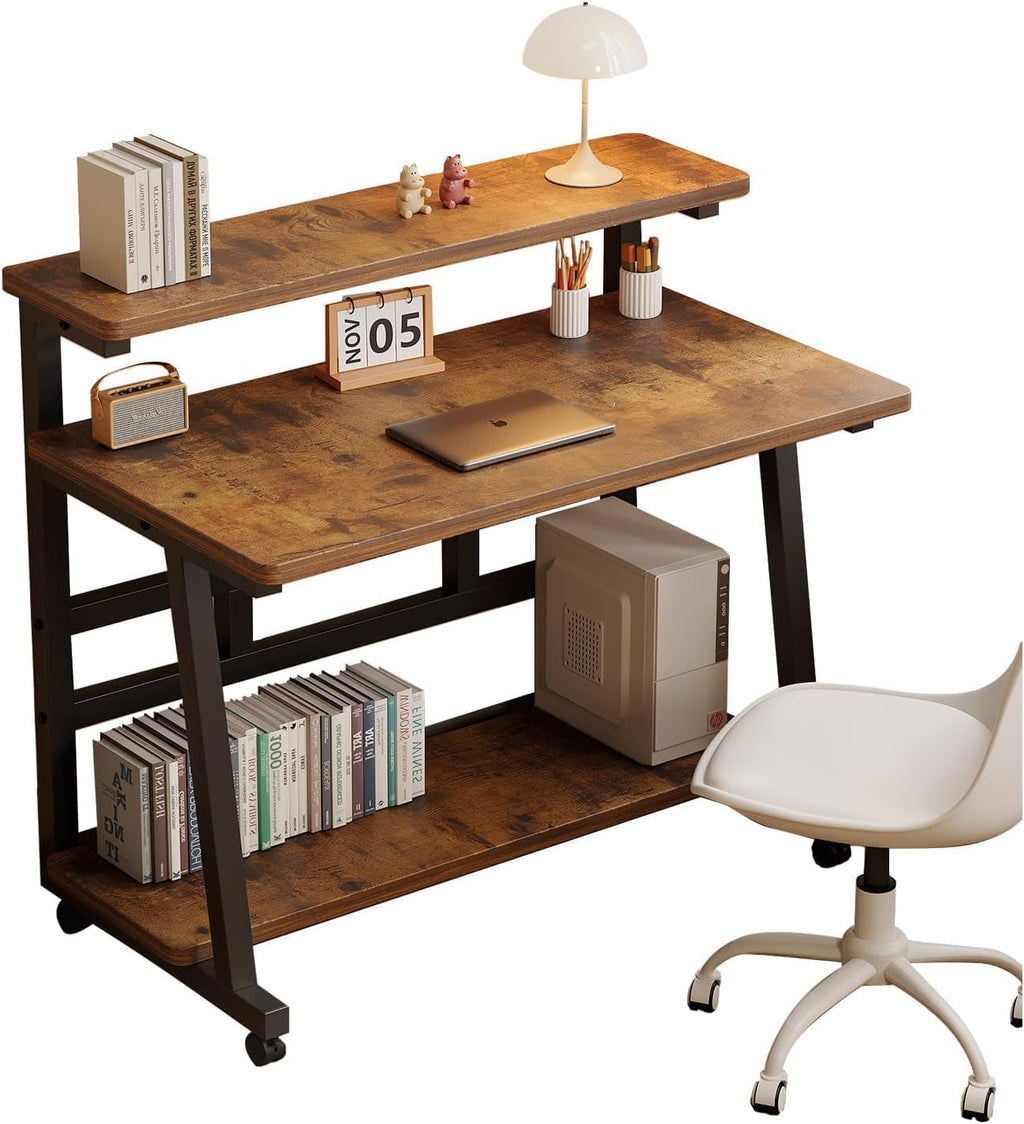 39.4 Inch Compact Rolling Computer Desk with Tier Worktable & Lockable Wheels, Small Computer Desk, Small Desk for Bedroom, Mobile Writing Workstation Easy Assembly for Home Office Small Spaces