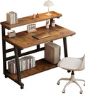 39.4 Inch Compact Rolling Computer Desk with Tier Worktable & Lockable Wheels, Small Computer Desk, Small Desk for Bedroom, Mobile Writing Workstation Easy Assembly for Home Office Small Spaces