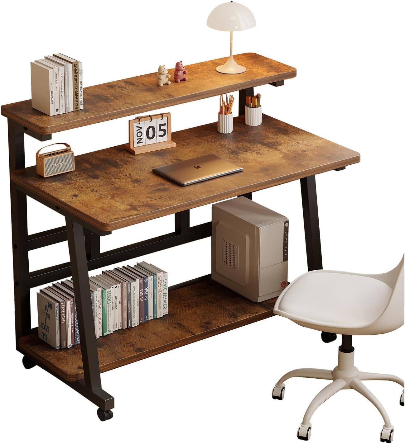 39.4 Inch Compact Rolling Computer Desk with Tier Worktable & Lockable Wheels, Small Computer Desk, Small Desk for Bedroom, Mobile Writing Workstation Easy Assembly for Home Office Small Spaces