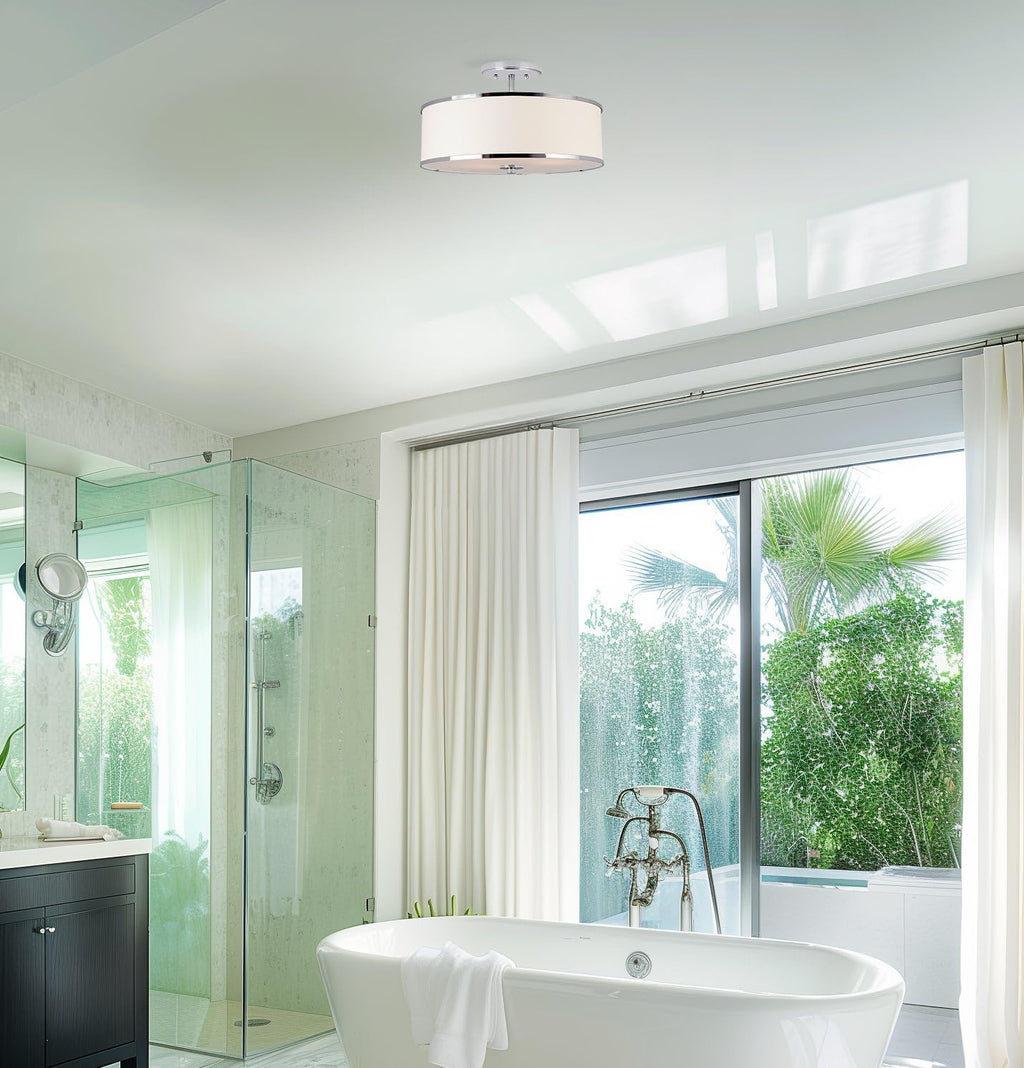 Kira Home Chloe 15' Modern Semi-Flush Mount Ceiling Light with White Fabric Drum Shade, 3-Light Hanging Fixture with Tempered Glass Diffuser, Chrome Finish