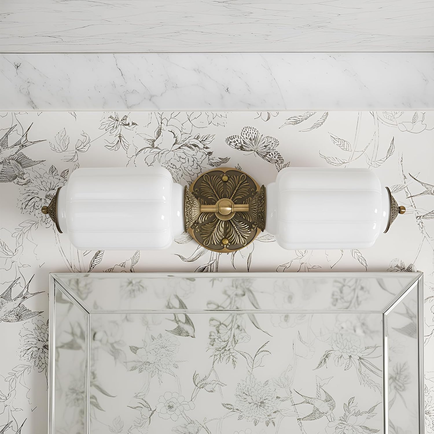 Milk Glass Bathroom Vanity Light - 2-Light Wall Sconce with Brass Finish Base & Green Glass Shade - Wall Sconce Lighting for Mirror, Kitchen, Living Room (White Glass with Gold Metal Accents)