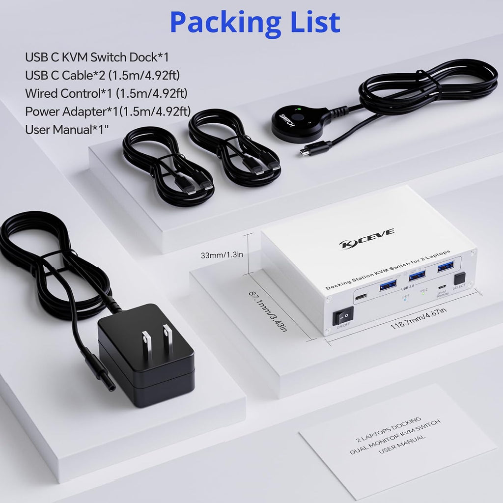 KCEVE 15-in-1 KVM Switch USB C Docking Station, USB 3.0 KVM Switch 2 Monitors 2 Laptops HDMI 4K@60Hz, 80W PD, 5Gbps, MST, Gigabit Ethernet, SD/TF Card, Wired Remote(4K USB C HDMI 2 in 2 Out KVM)
