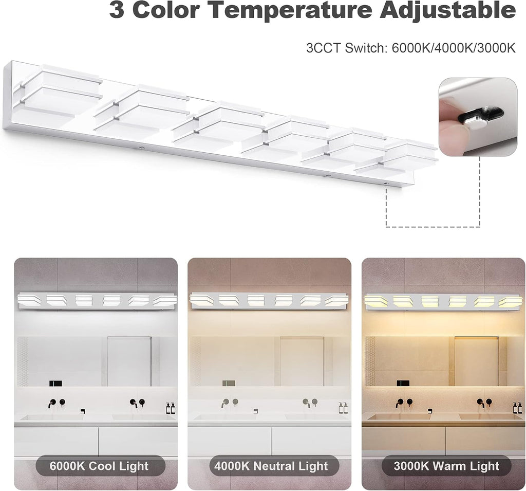 3 Color Temperature Dimmable Vanity Lights for Bathroom, LED Chrome 6 Light Vanity Lighting Fixtures, Acrylic Stainless Steel Square Shade Bathroom Light Fixtures over Mirror, ETL Certificated