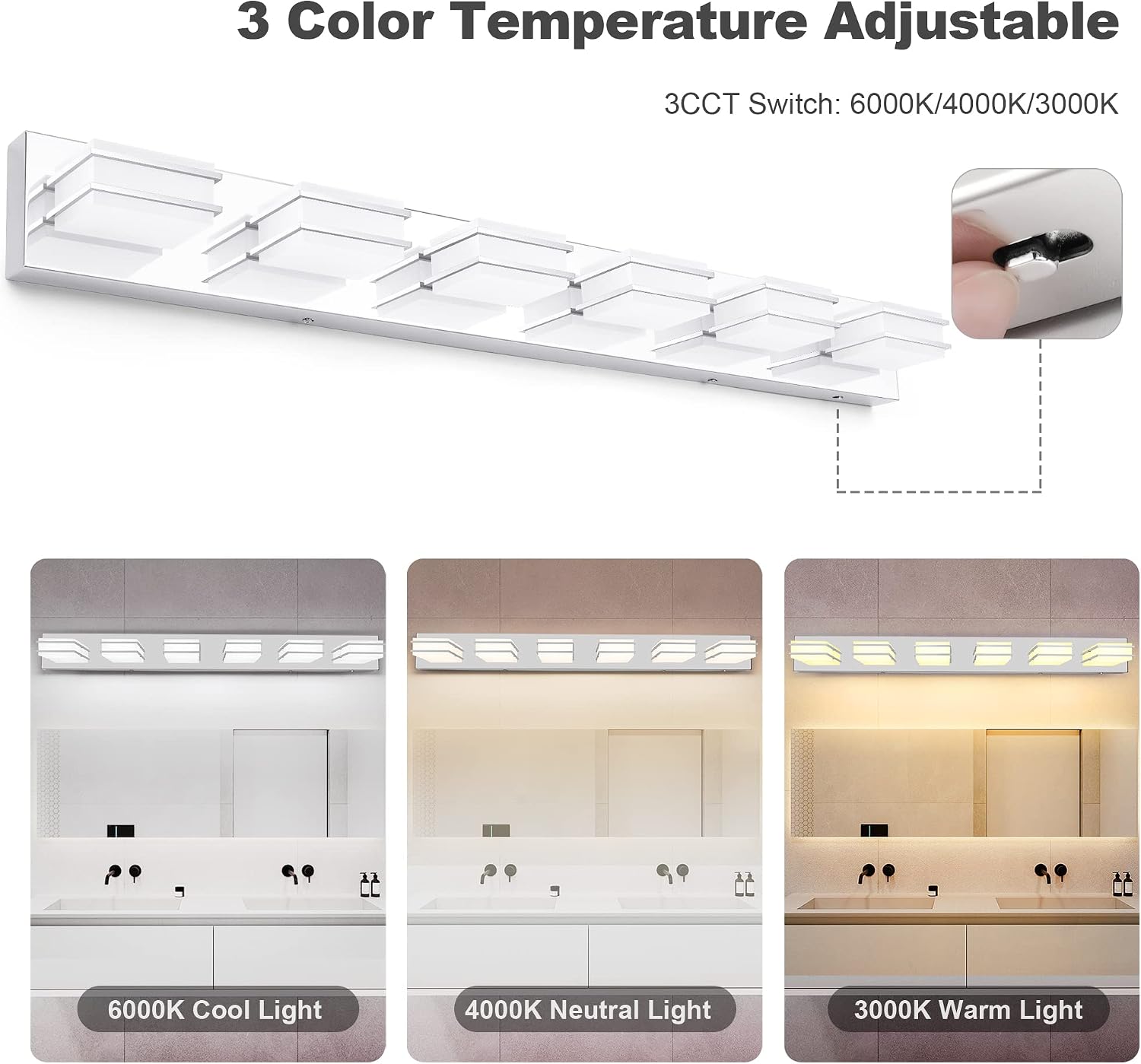 3 Color Temperature Dimmable Vanity Lights for Bathroom, LED Chrome 6 Light Vanity Lighting Fixtures, Acrylic Stainless Steel Square Shade Bathroom Light Fixtures over Mirror, ETL Certificated