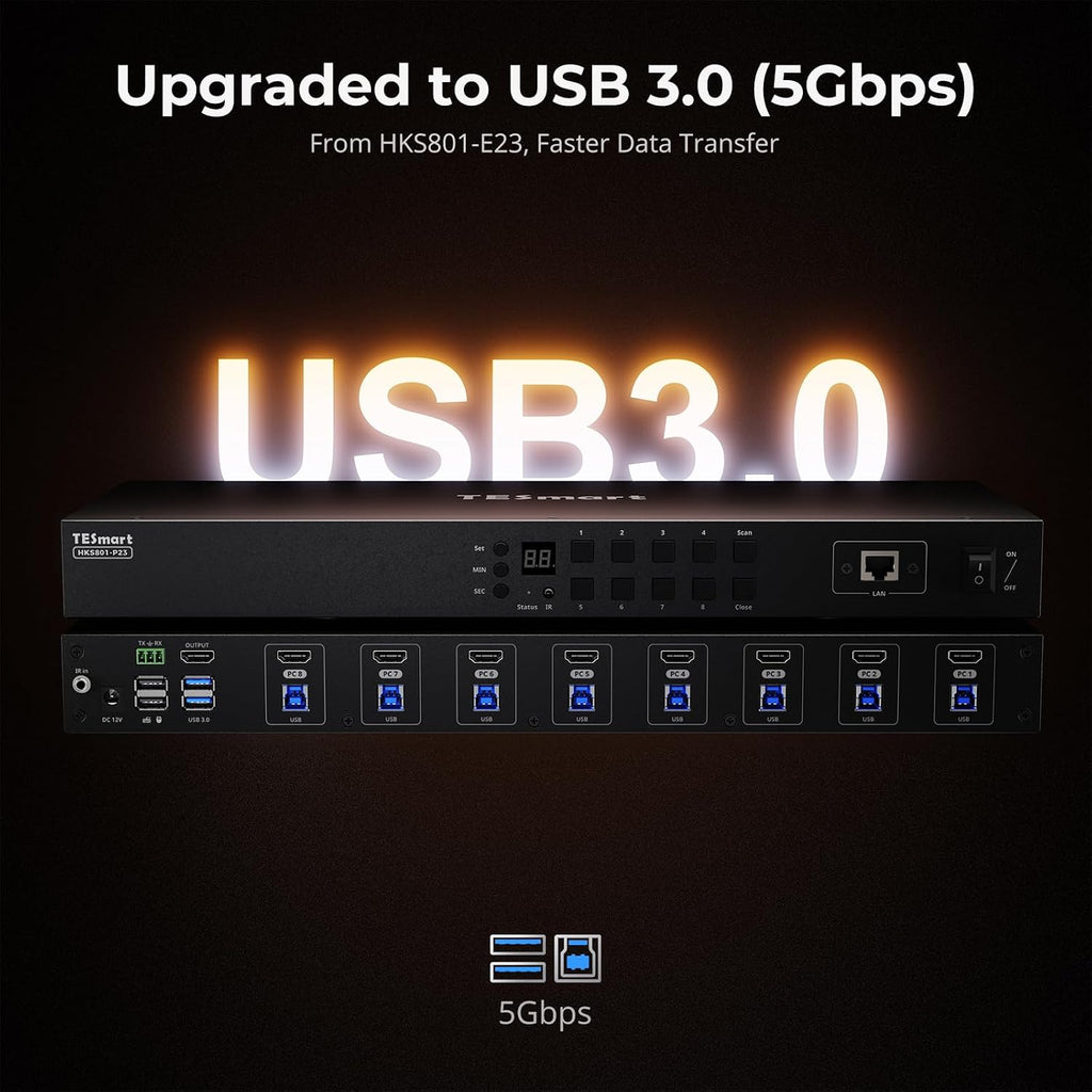 TESmart USB 3.0 HDMI KVM Switch 8 Port 4K@60Hz, 8X1 Rackmount KVM Enterprise-Grade EDID Emulator | Hotkey Switch | RS232 | LAN Port | IR Remote | IP Control | Auto Scan | with 8 Pcs 5ft KVM Cable
