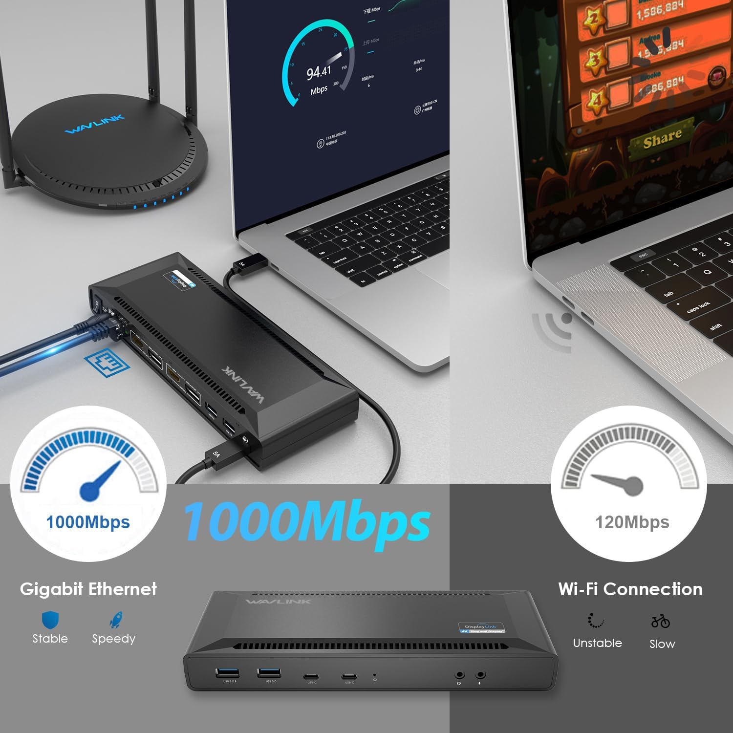 WAVLINK DisplayLink Laptop Docking Station - Dual Monitor 4K@60Hz, 100W Charging for Thunderbolt 4/3, USB-C/A, M1-M5 Mac/MacBook Neo, Windows, Chrome - 2HDMI, 2DP, 6 USB Ports, LAN, Audio