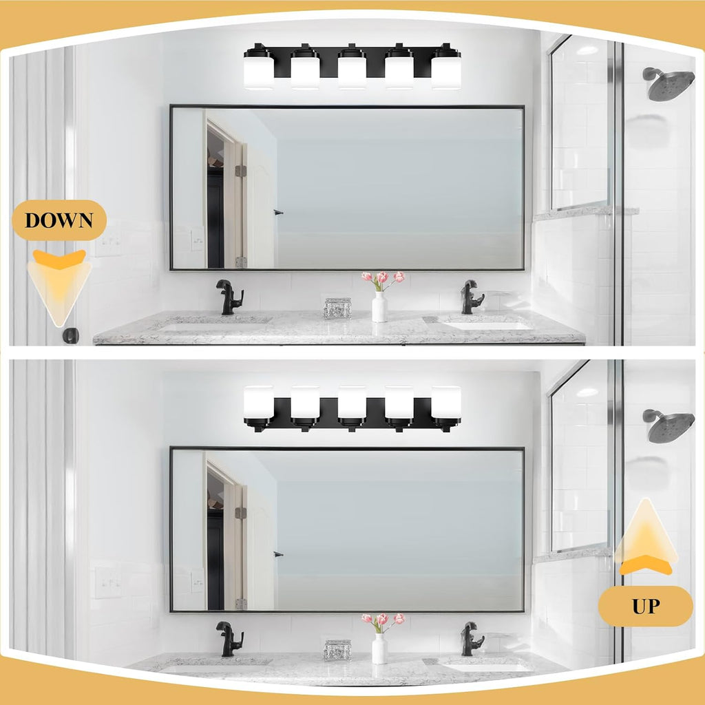 Vanity Lights, Bathroom Light Fixtures with Milky White Square Glass Shade, Modern Vanity Light Over Mirror, Bathroom Light Fixtures, Wall Sconce Light 5-Light Black, E26 Base