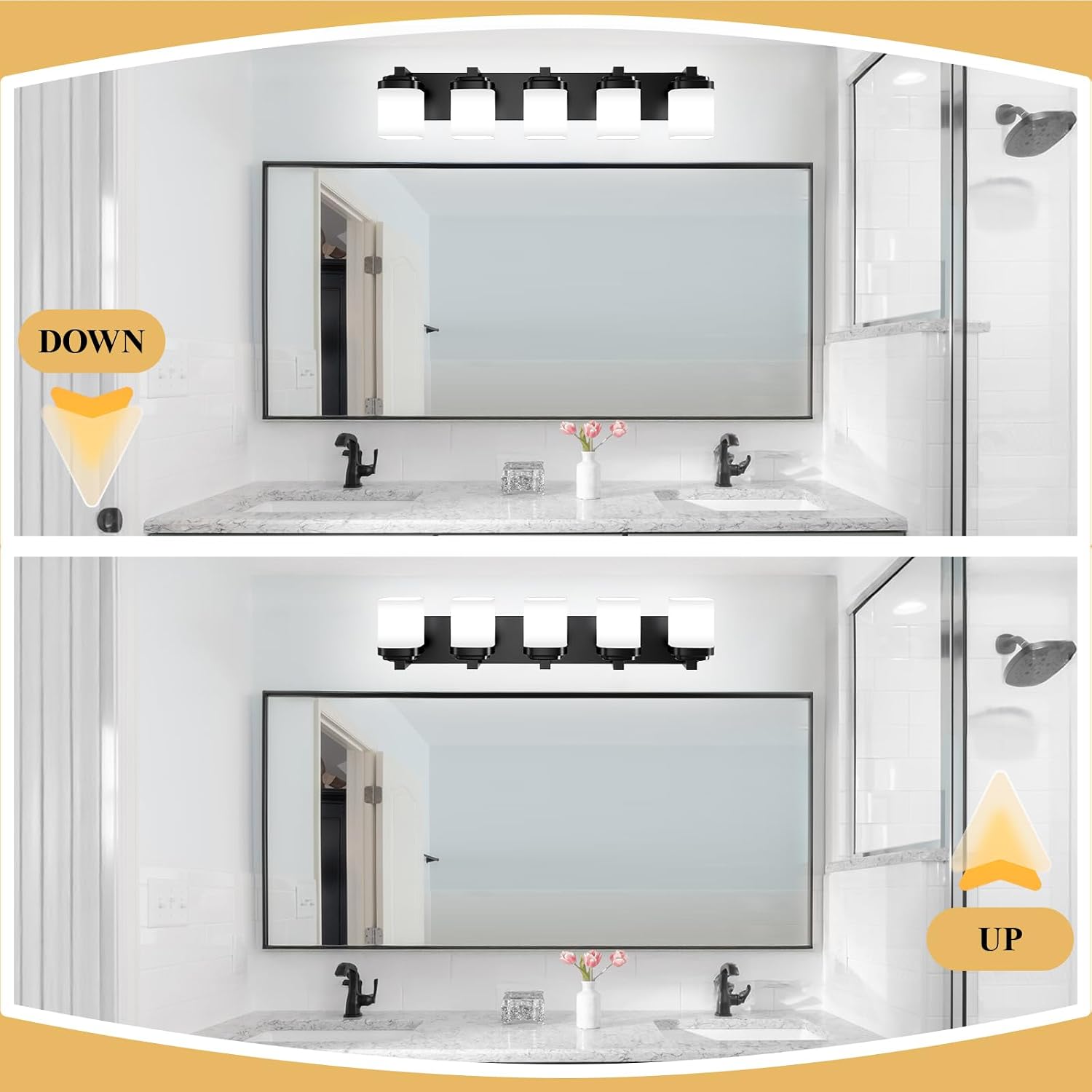 Vanity Lights, Bathroom Light Fixtures with Milky White Square Glass Shade, Modern Vanity Light Over Mirror, Bathroom Light Fixtures, Wall Sconce Light 5-Light Black, E26 Base