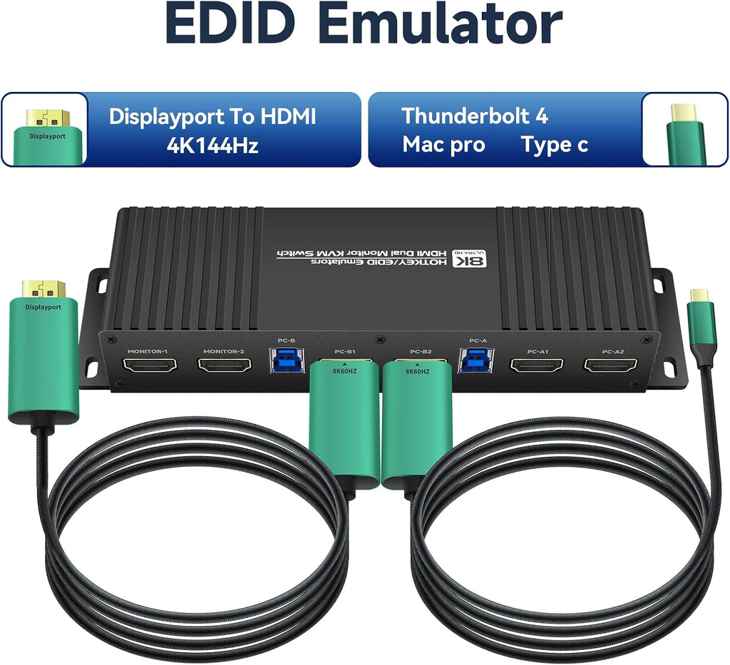 Kvm Switch HDMI 2 Monitors 2 Computers Edid Emulator 4k 144hz Hotkey Switching Dual Monitor kvm Switch hdmi edid 2 Monitors 2 Computers 1440P 120Hz 144hz 165hz 240hz FreeSync G-SYNC