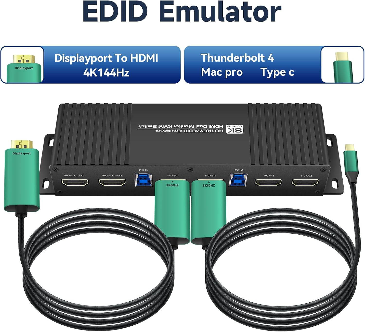 Kvm Switch HDMI 2 Monitors 2 Computers Edid Emulator 4k 144hz Hotkey Switching Dual Monitor kvm Switch hdmi edid 2 Monitors 2 Computers 1440P 120Hz 144hz 165hz 240hz FreeSync G-SYNC