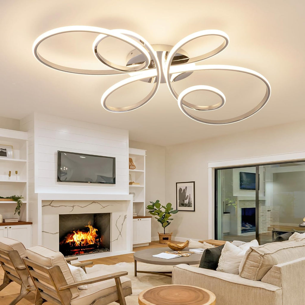 66W Modern LED Ceiling Light, 39.37Inch Flower Flush Mount Light Fixture with Remote Control Chrome Dimmable Ceiling Lamp for Living Room, Bedroom, Dining Room, Hallway, Kitchen