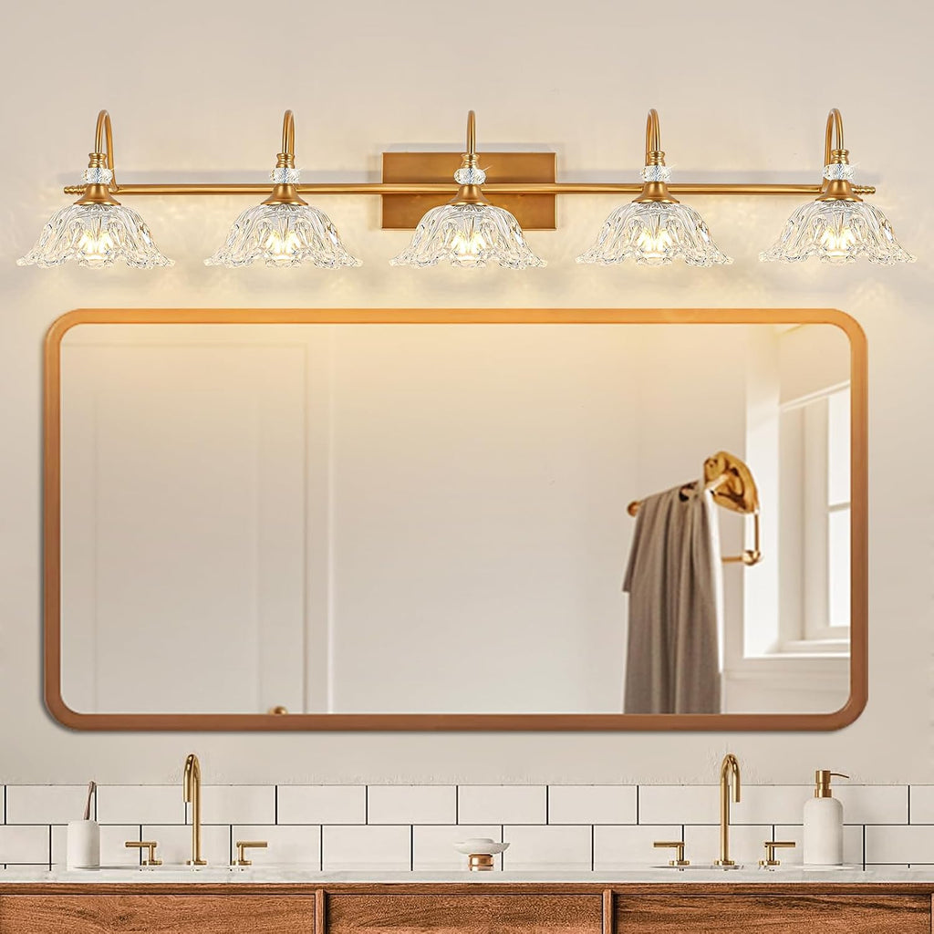 Vintage Bathroom Vanity Light, 5-Light Matte Brass Finish Vanity Light with Floral Clear Glass Shades, Retro Wall Mount Lighting for Bathroom, Dressing Table