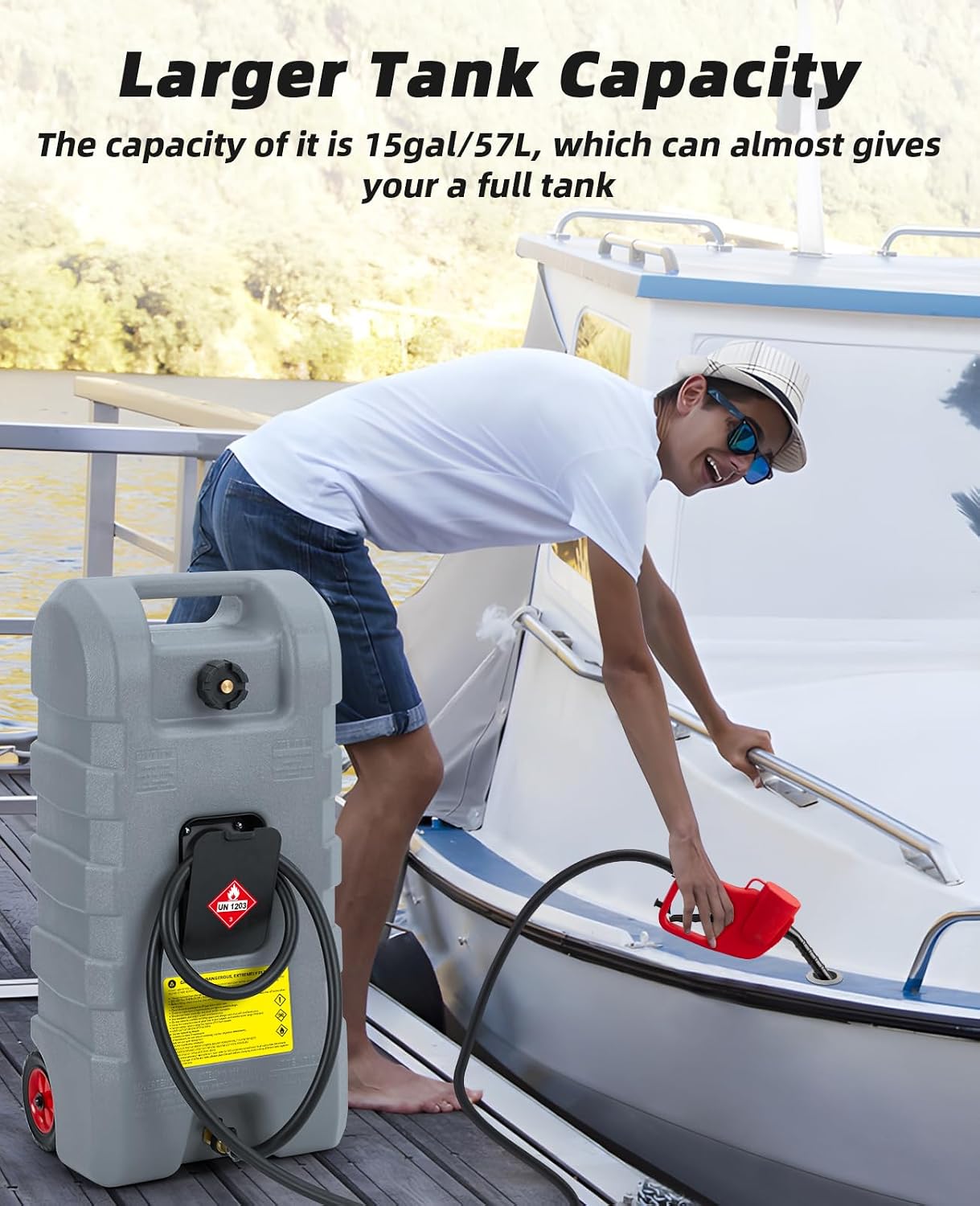 Fuel Caddy 14 gal, Portable Gasoline Tank Container With Manual Fuel Transfer Pump & 10 ft Long Hose, Gasoline Diesel Fuel Storage Tank On-Wheels, Portable Gas Tank for Cars, Lawn Mowers, Boats, Grey