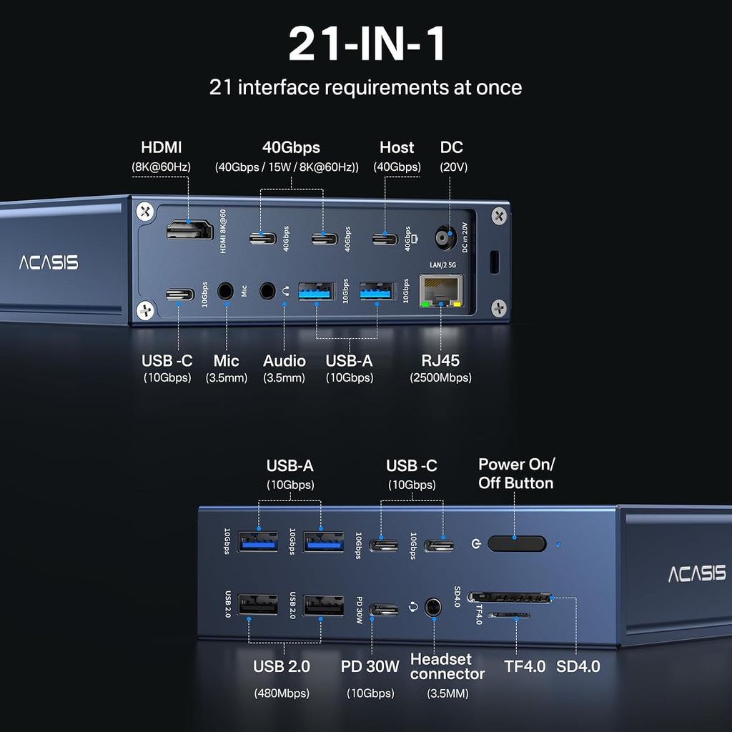ACASIS Thunderbolt 4 Dock 21-IN-140gbps for MacBook Pro Docking Station Dual Monitor, 8K60Hz HDMI 2.5 GbE Ethernet SD/TF 4.010Gbps 7*USB C/A, 3.5mm Audio, 40Gbps Dock for Mac/Dell/HP/Lenovo/ThinkPad
