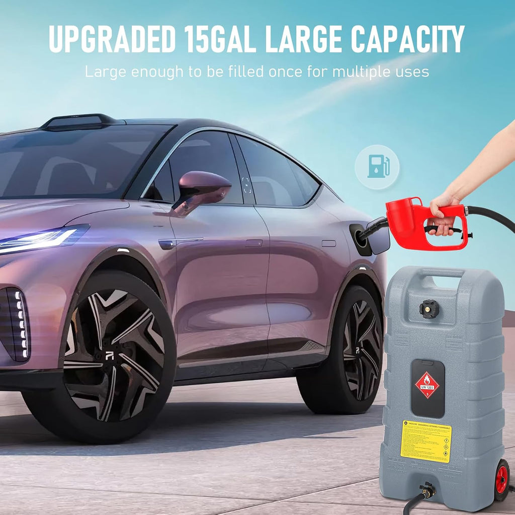15 Gallon Gas Can, Fuel Tank Container with LE Fluid Transfer Manual Siphon Pump & 10FT Hose, Portable Diesel Gas Storage Caddy with Wheels for Car, ATV, Weeder, Boat, etc., Grey