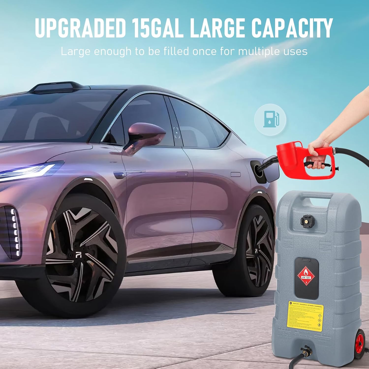 15 Gallon Gas Can, Fuel Tank Container with LE Fluid Transfer Manual Siphon Pump & 10FT Hose, Portable Diesel Gas Storage Caddy with Wheels for Car, ATV, Weeder, Boat, etc., Grey
