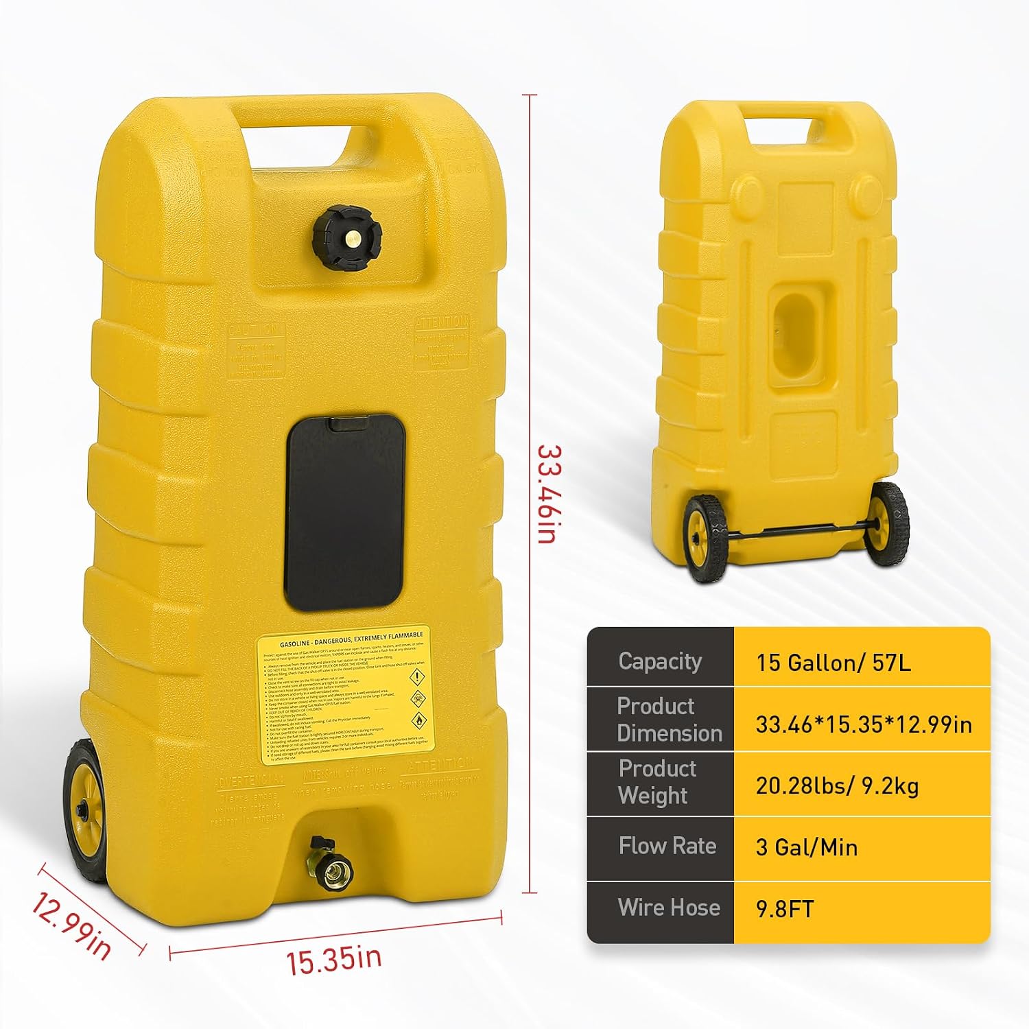 15 Gallon Fuel Tank, Gas Can Portable Container with LE Fluid Transfer Siphon Pump & 10ft Delivery Hose, Diesel Storage Caddy On-Wheels for Cars, Lawn Mowers, ATVs, Boats, etc. (Yellow)