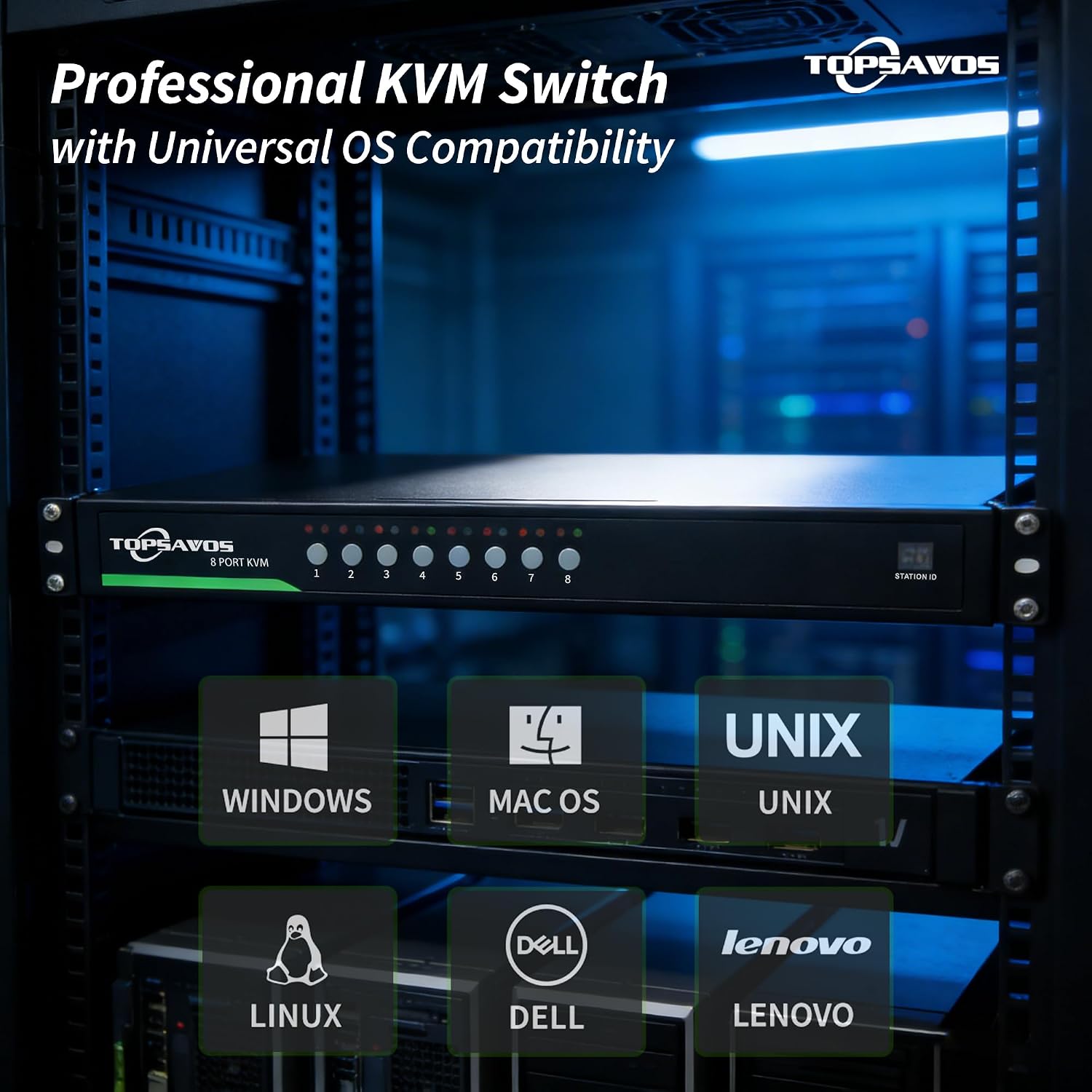 8-Port VGA 1U Rack Mount KVM Switch, 8 x VGA Cables Included, Up to 2048 x 1536 Resolution with DDC2B, 8 in 1 Out, Hotkey Button OSD Switching for Windows,Linux,Unix,Solaris (Sun), Redhat,Ubuntu
