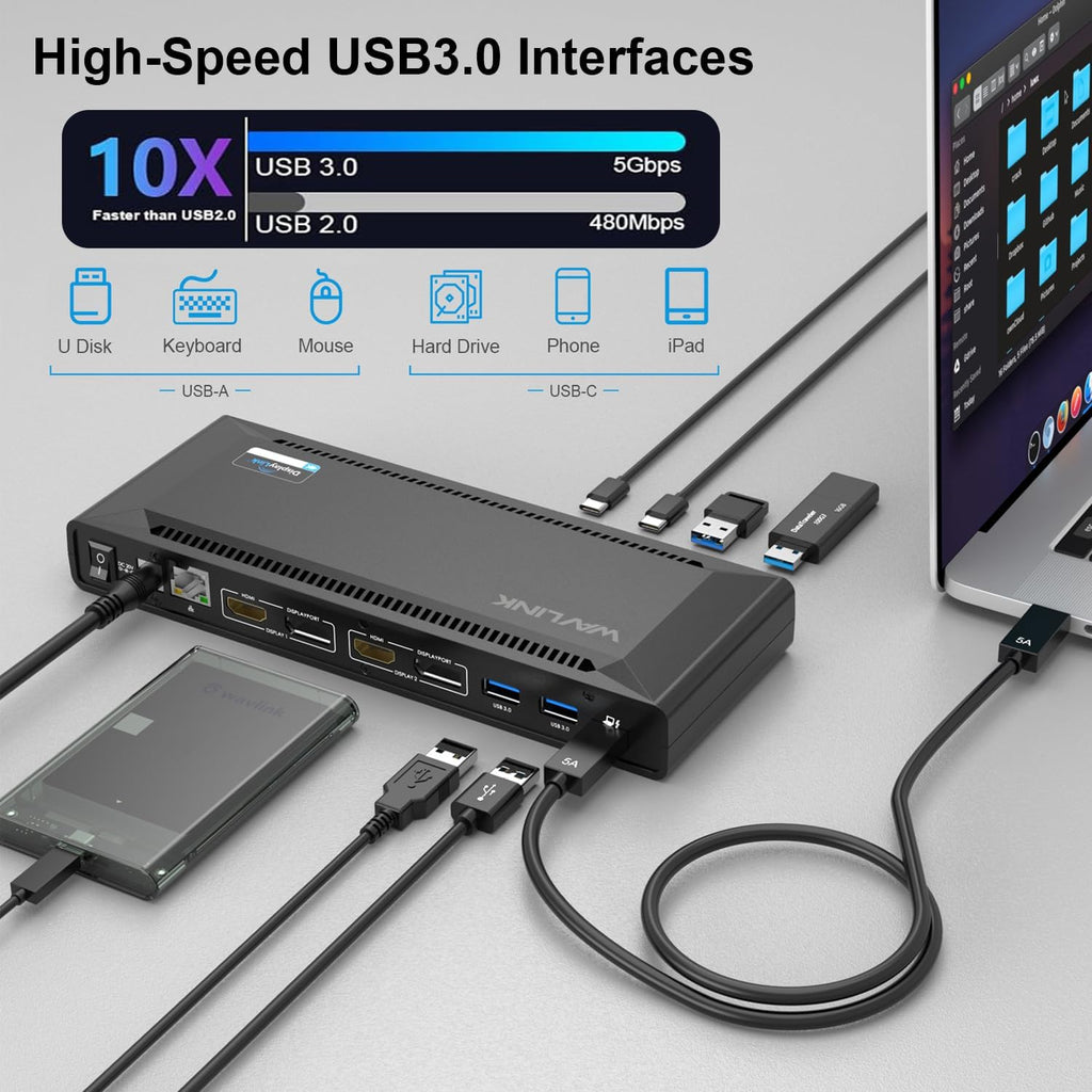 WAVLINK DisplayLink Laptop Docking Station - Dual Monitor 4K@60Hz, 100W Charging for Thunderbolt 4/3, USB-C/A, M1-M5 Mac/MacBook Neo, Windows, Chrome - 2HDMI, 2DP, 6 USB Ports, LAN, Audio