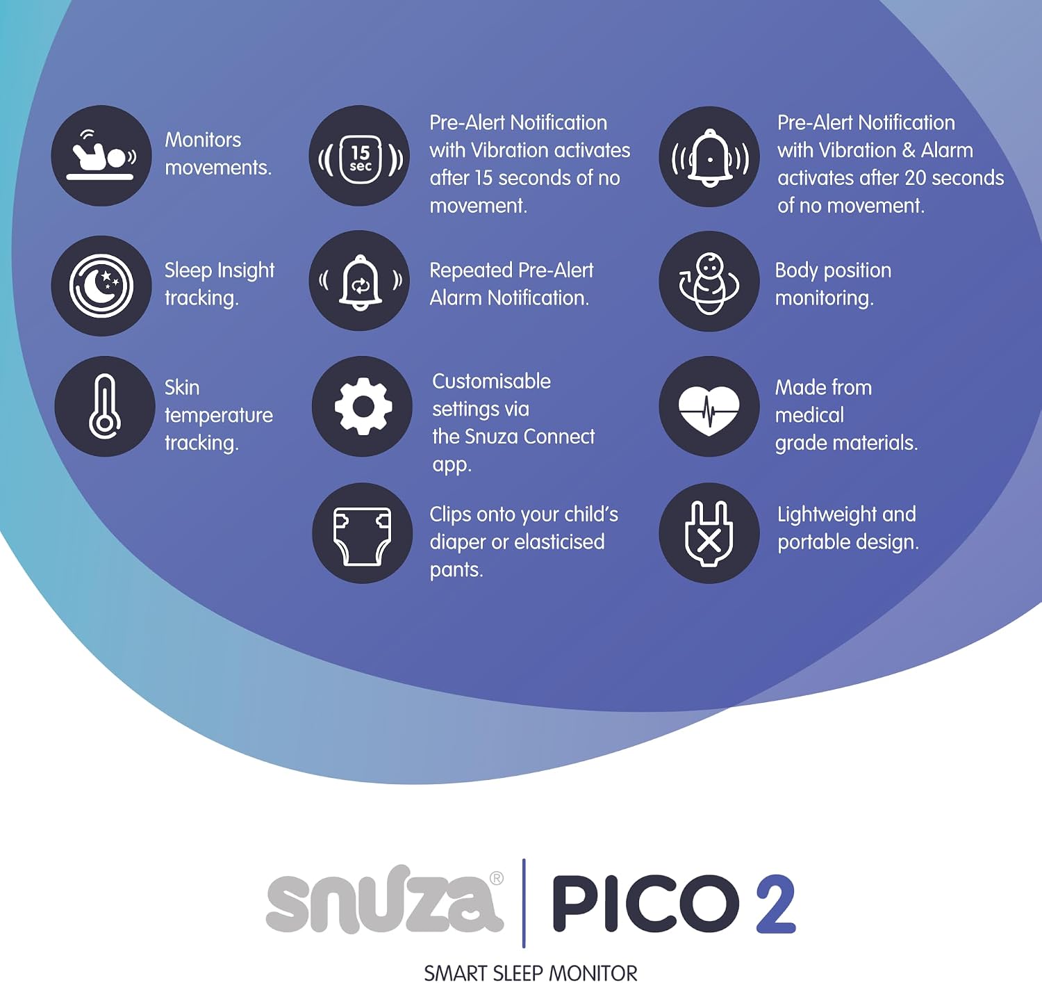 Snuza Pico 2 – Smart Sleep Monitor | Connect to App Or Use As Standalone Device | Tracks Movement, Sleep Patterns, Body Position & Skin Temperature | Real-Time Alerts for Safer Sleeping