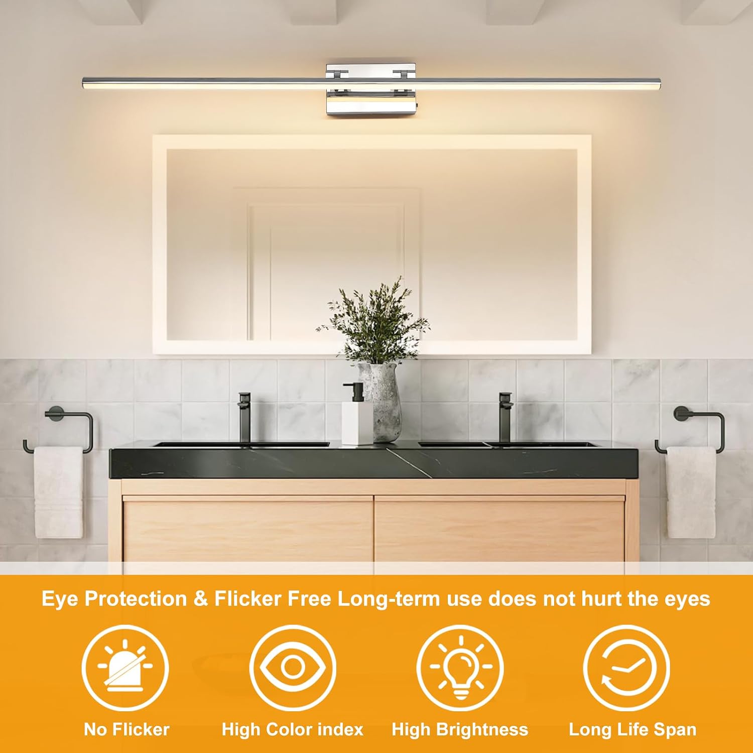 LED Bathroom Vanity Light, Modern Bathroom Light Fixture Over Mirror (3000K/4000K/6000K, Dimmable), Vanity Light Bar with Angle Adjustable, 48 Inch, Chrome