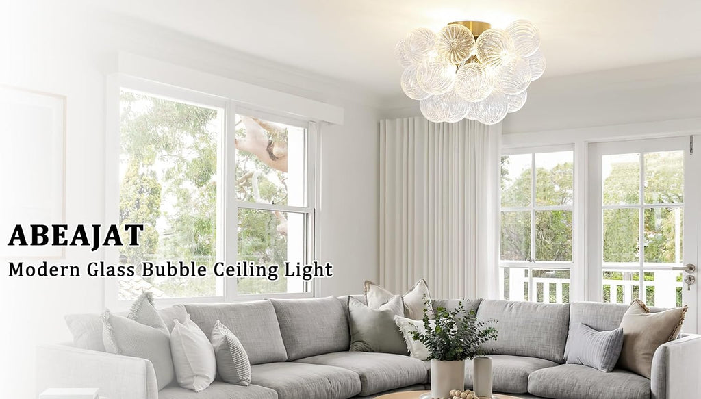 8-Light Flush Mount Ceiling Light, 16' Glass Bubble Ball Chandelier with 21 Clear Balls, Modern Globe Dining Room Light Fixture for Bedroom, Living Room, Hallway, Entry, Bathroom