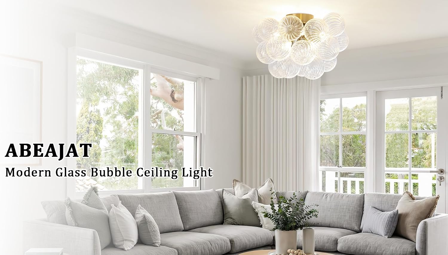 8-Light Flush Mount Ceiling Light, 16' Glass Bubble Ball Chandelier with 21 Clear Balls, Modern Globe Dining Room Light Fixture for Bedroom, Living Room, Hallway, Entry, Bathroom