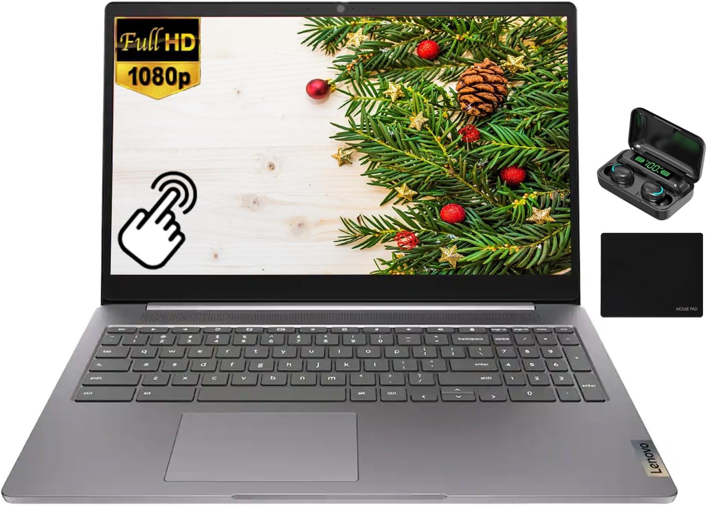 Lenovo IdeaPad 3i Chromebook Laptop, 15.6'' FHD (1920 x 1080) Touchscreen Display, 4-Core Intel Pentium Silver N6000, 8GB LPDDR4x RAM, 128GB eMMC, Wi-Fi 6, Chrome OS, Arctic Grey, EAT Wireless Earbuds