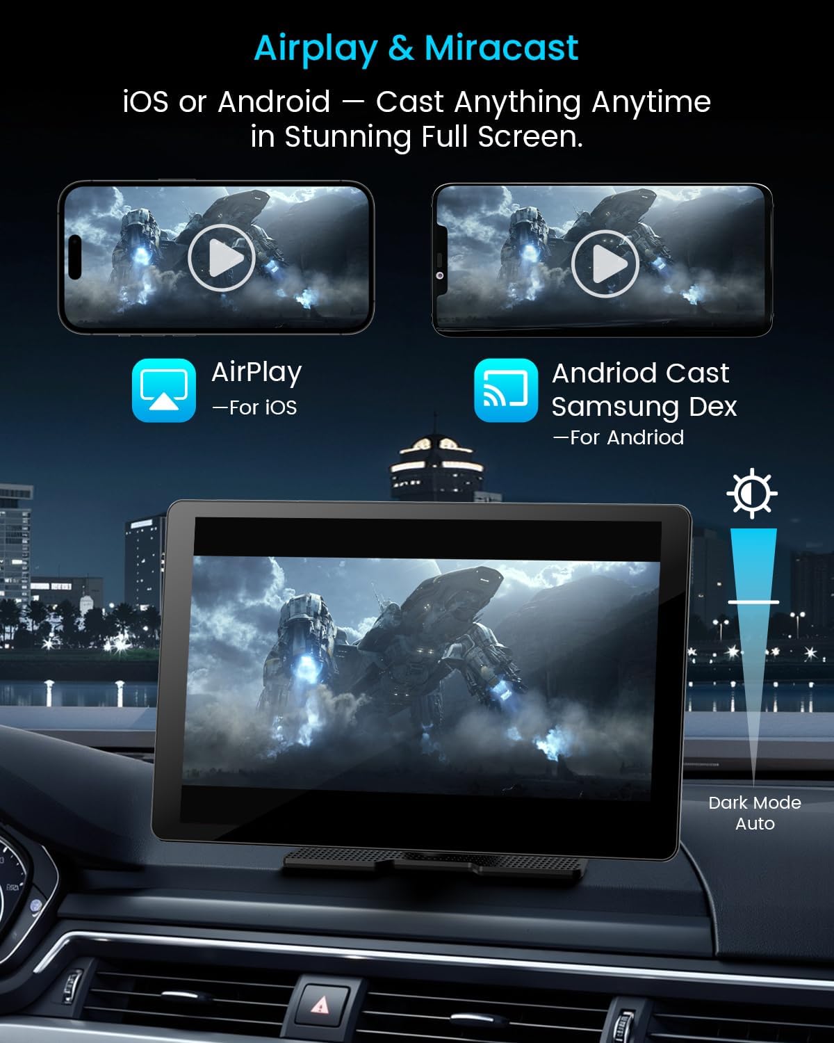 11' Extra Large Wireless Apple CarPlay Screen for Car – Ultra-Slim 0.16 Inch Touchscreen Car Stereo with Android Auto, 4K Dash Cam, 1080p Backup Camera, GPS, Mirror Link, Voice Control