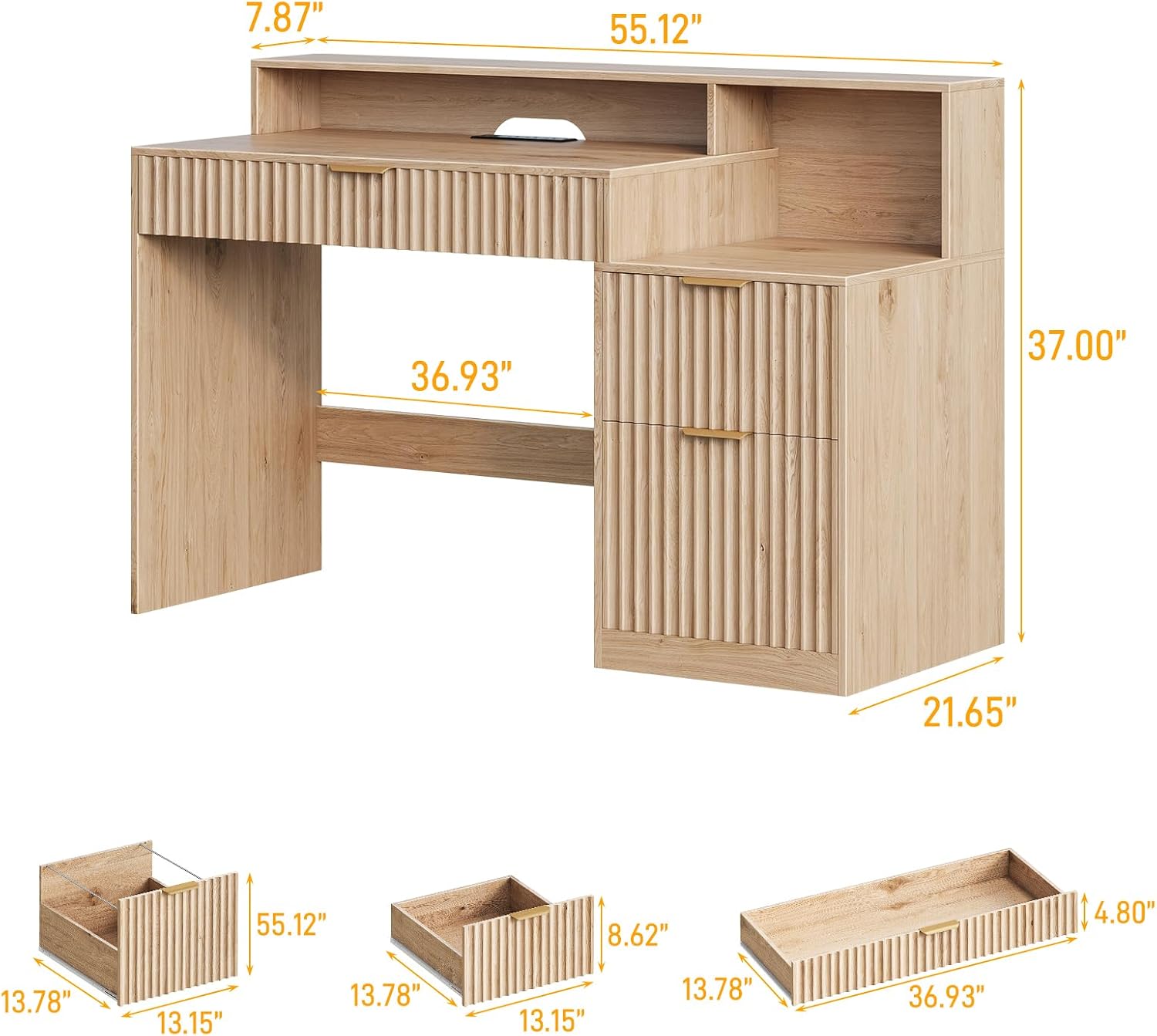 Vabches Fluted Computer Desk with Drawers, Home Office Desk with Power Outlets, Printer Stand and Storage Cabinet, Study Writing Desks with Long Monitor Stand, Oak