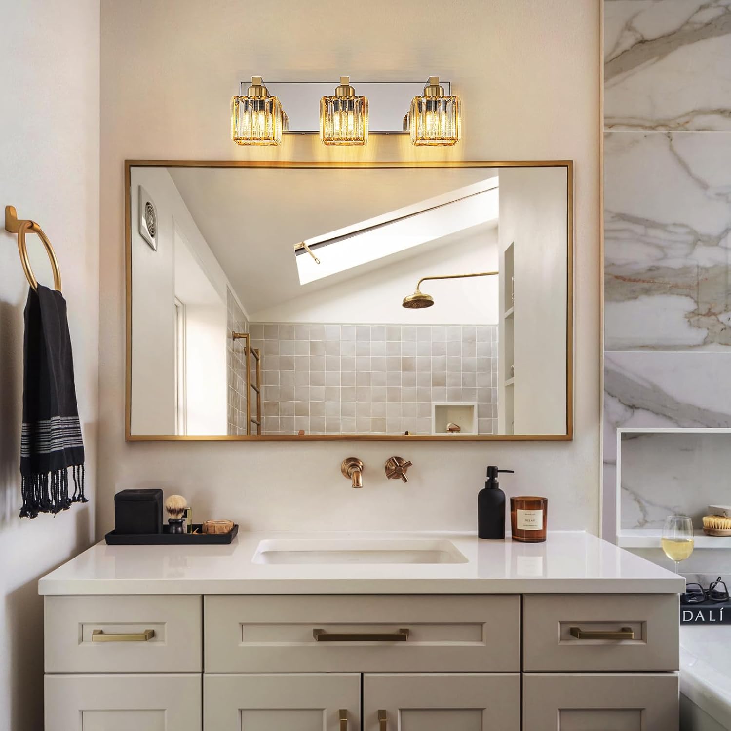 Gold Chrome Crystal Bathroom Light 3-Light Modern Bathroom Vanity Light Fixtures Over Mirror Wall Sconce