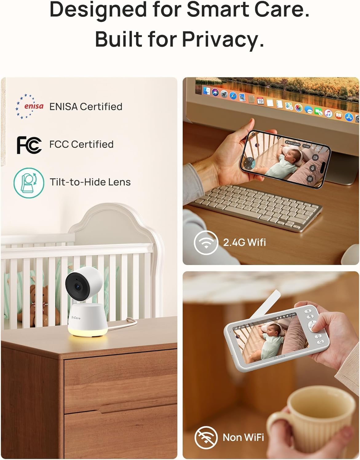 Dr.Care LumiView Smart WiFi Baby Monitor with Clip Mount - 5' 1080P FHD & 2K Camera App Control, Privacy Mode, 5000mAh Removable Battery, Cry & Motion Alerts, HD Night Vision, RGB Night Light
